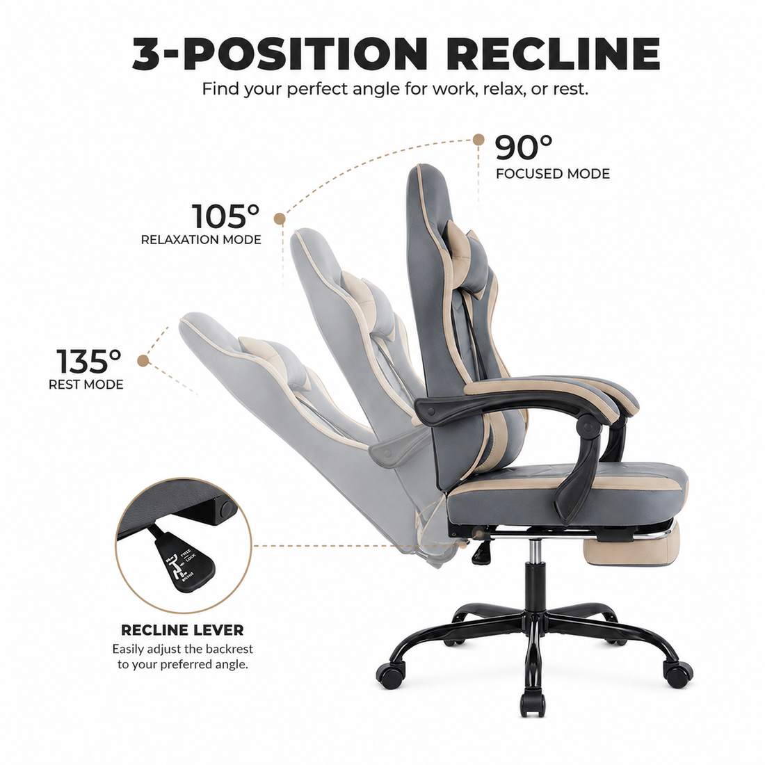 Vesper light camel gaming chair showing 3-position recline detail