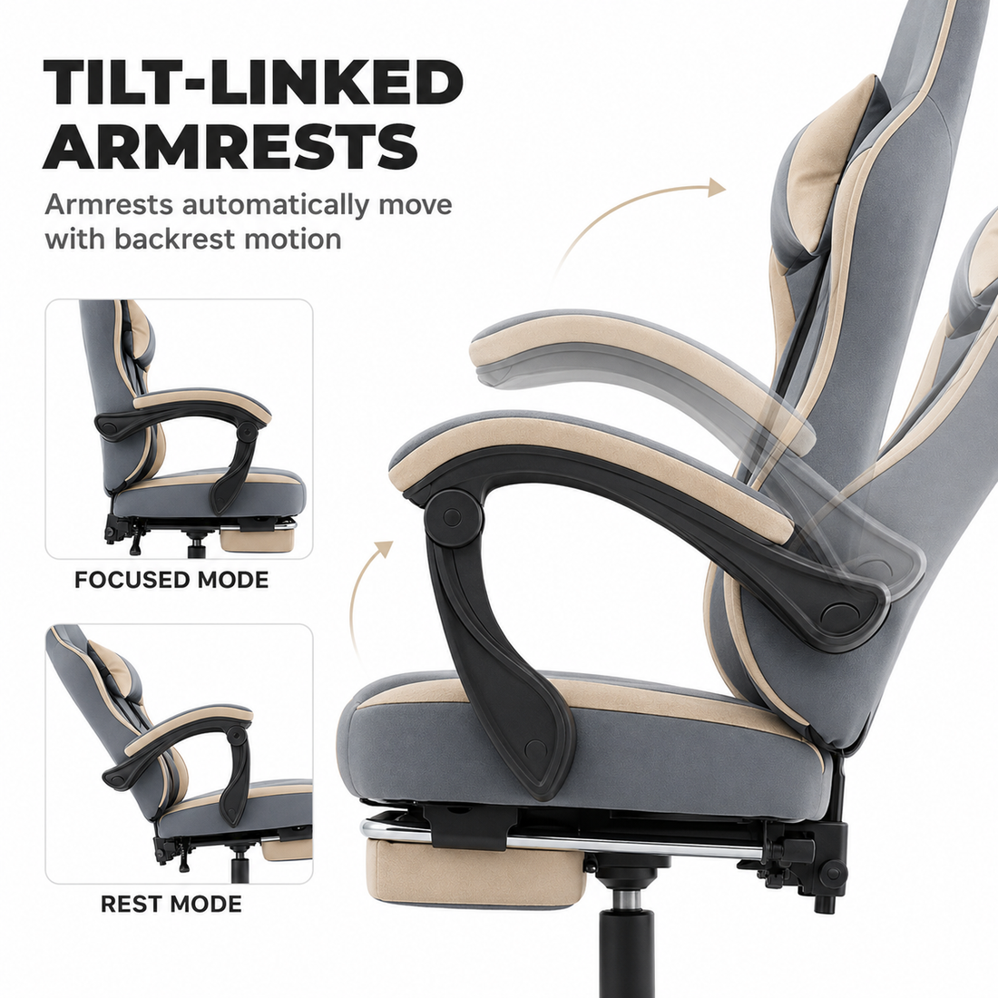 Vesper light camel gaming chair showing tilt-linked armrests detail