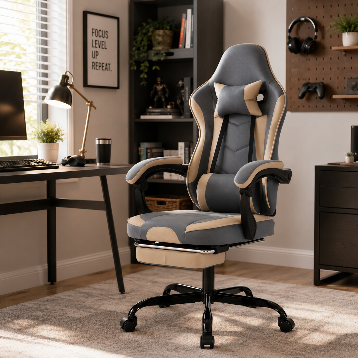 Vesper light camel ergonomic gaming chair with footrest and lumbar cushion in a modern home office