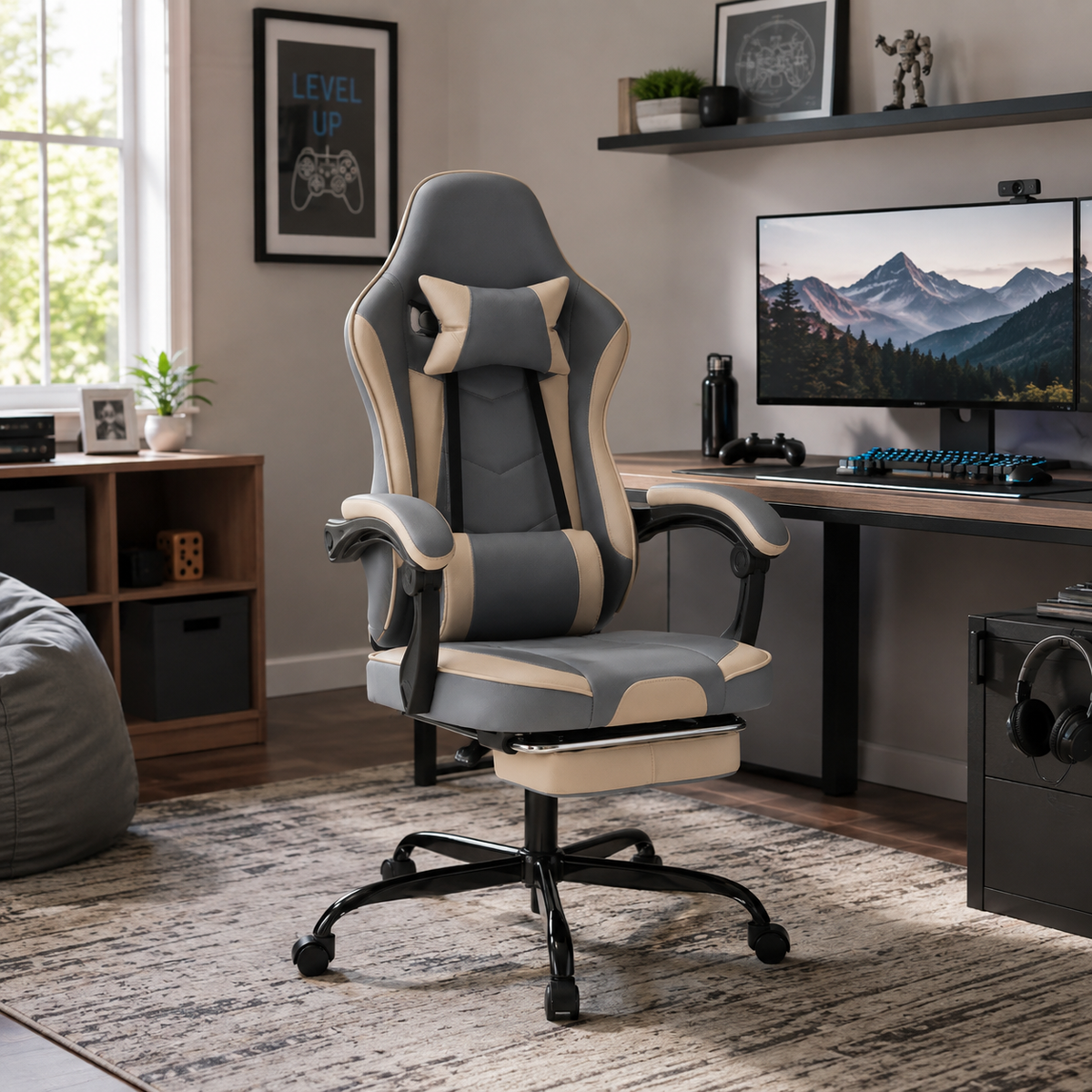 Vesper light camel gaming chair beside a desk in a warm workspace with natural light