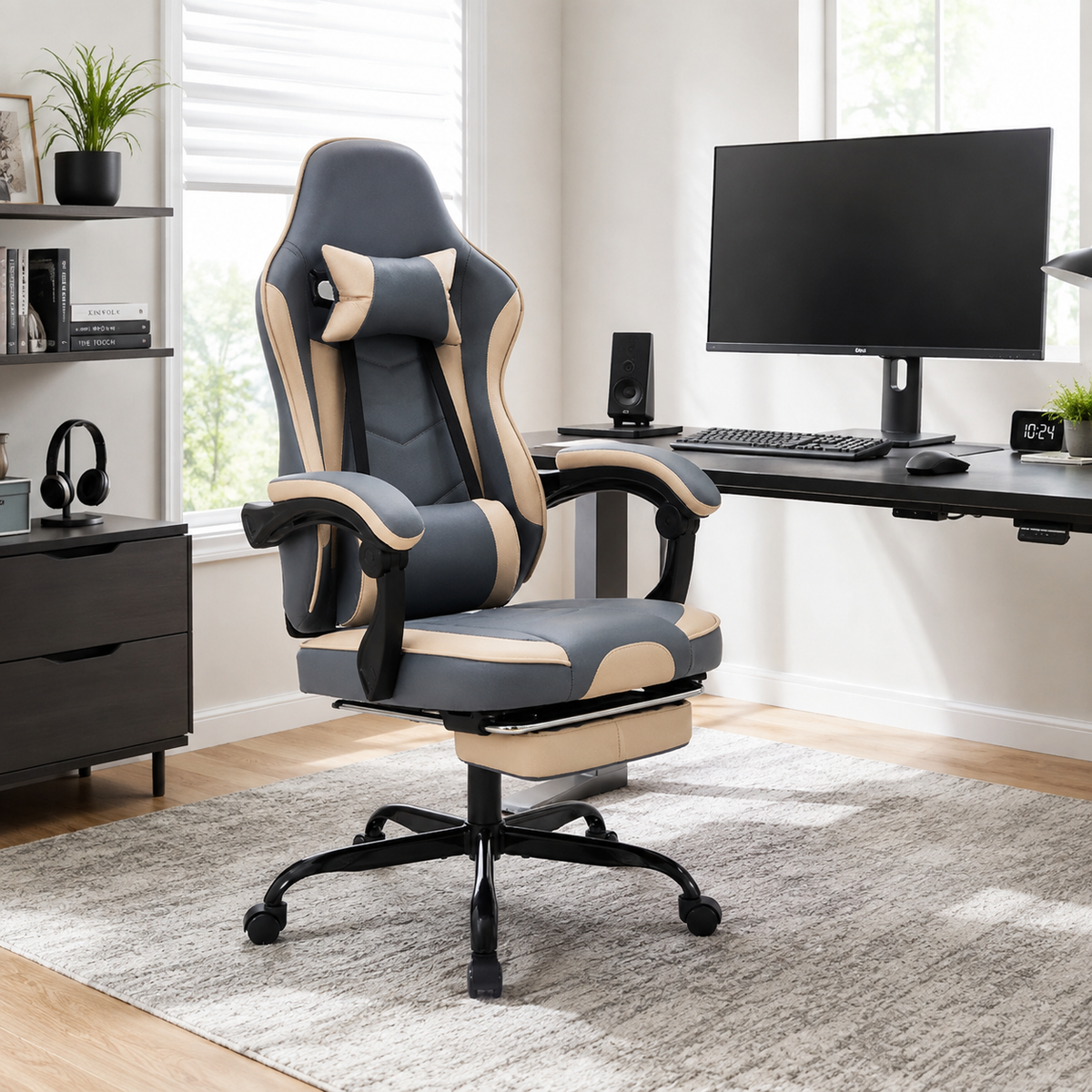 Vesper light camel ergonomic gaming chair in a bright office with computer monitors