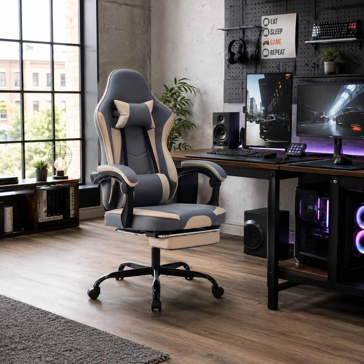 Vesper light camel gaming chair in a cozy room with desk and shelving