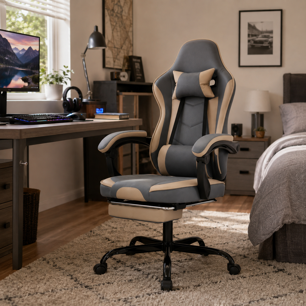 Vesper light camel ergonomic gaming chair in a home office with warm wood accents