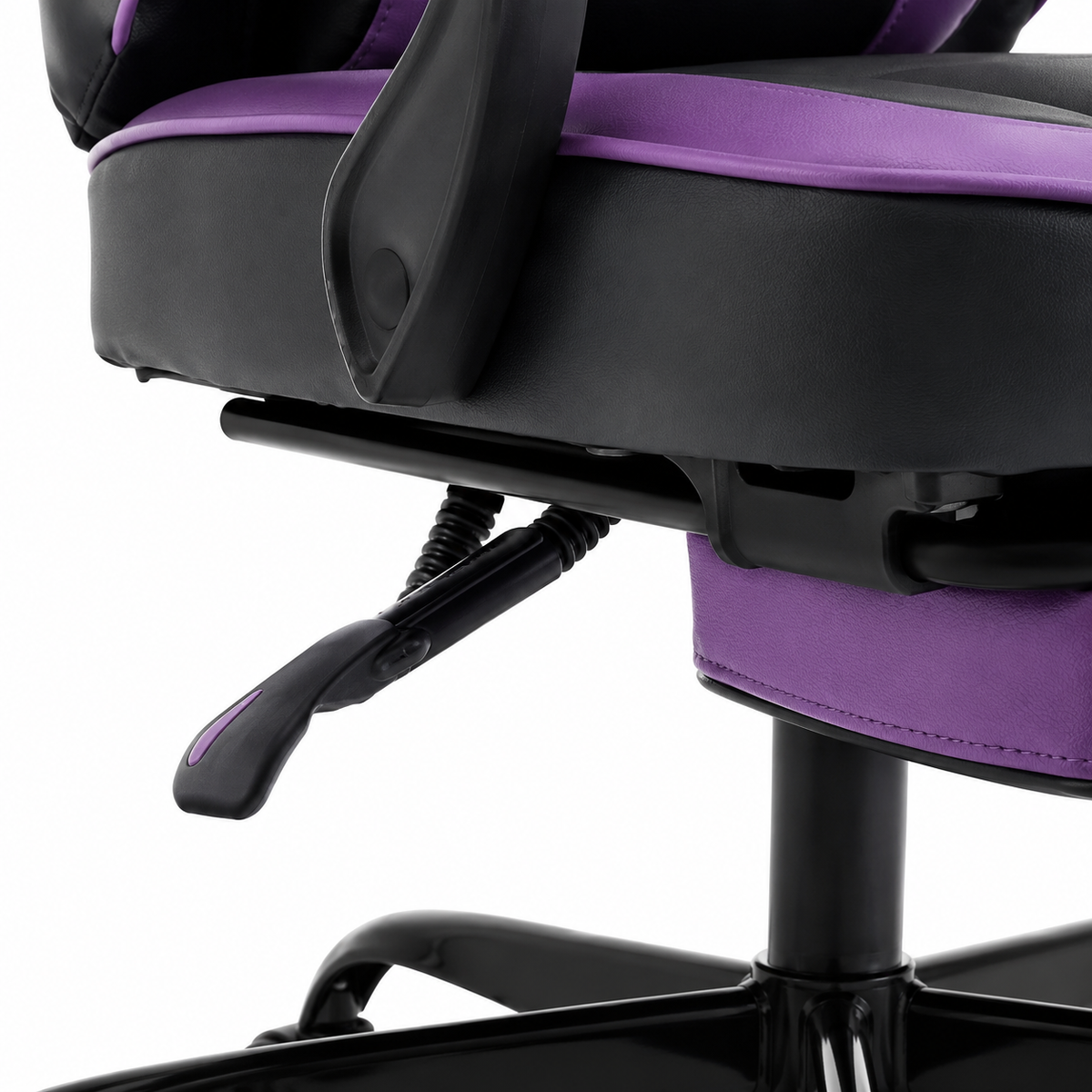 Vesper purple gaming chair showing reclining mechanism and seat underside detail