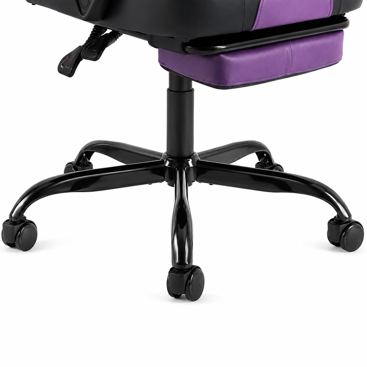 Vesper purple gaming chair showing caster base and support detail