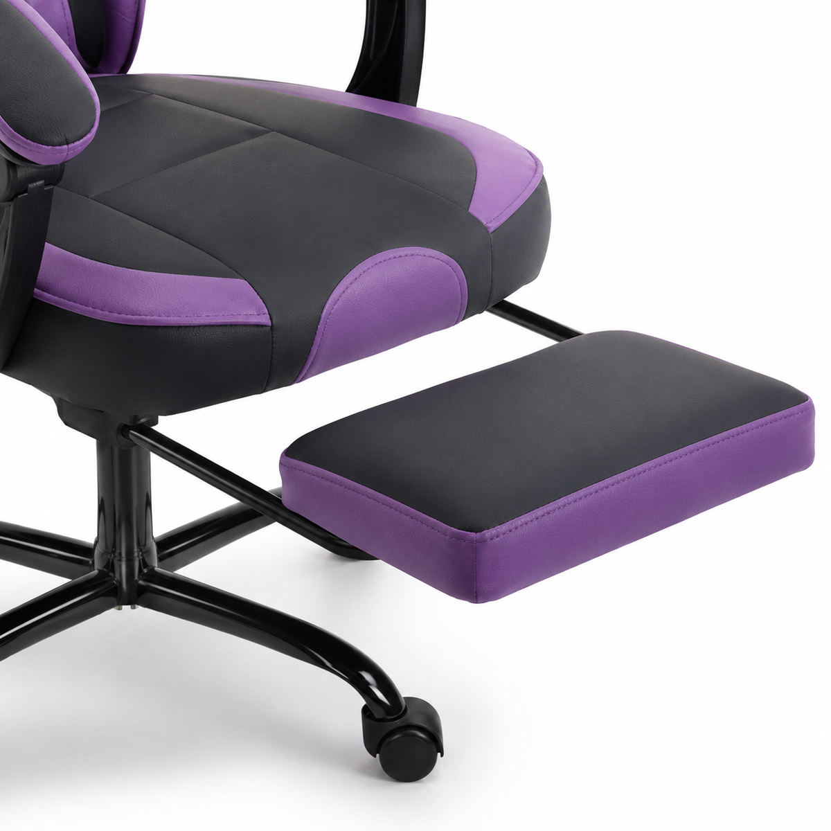 Vesper purple gaming chair showing retractable footrest detail