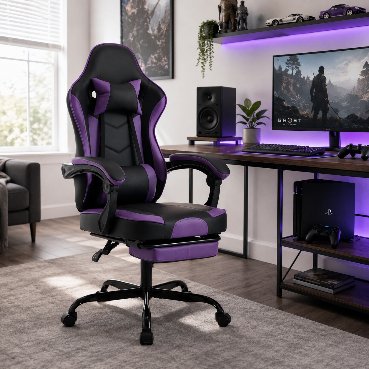 Vesper purple ergonomic gaming chair with footrest and lumbar cushion in a gaming room with LED lighting