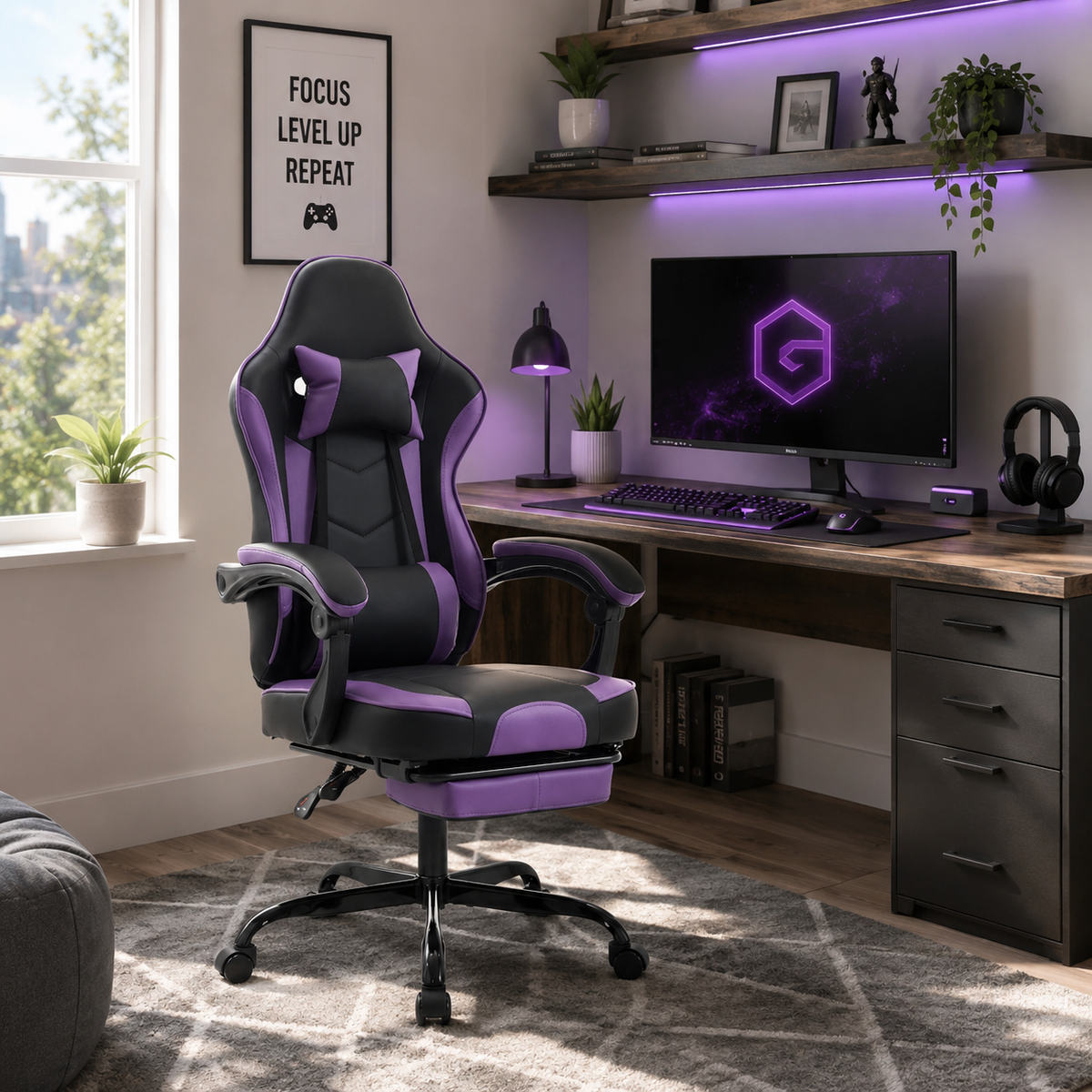 Vesper purple gaming chair beside a computer desk in a modern gaming setup