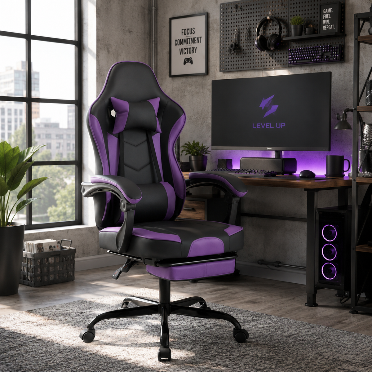 Vesper purple ergonomic gaming chair in a bedroom gaming workspace with monitor and LED lights