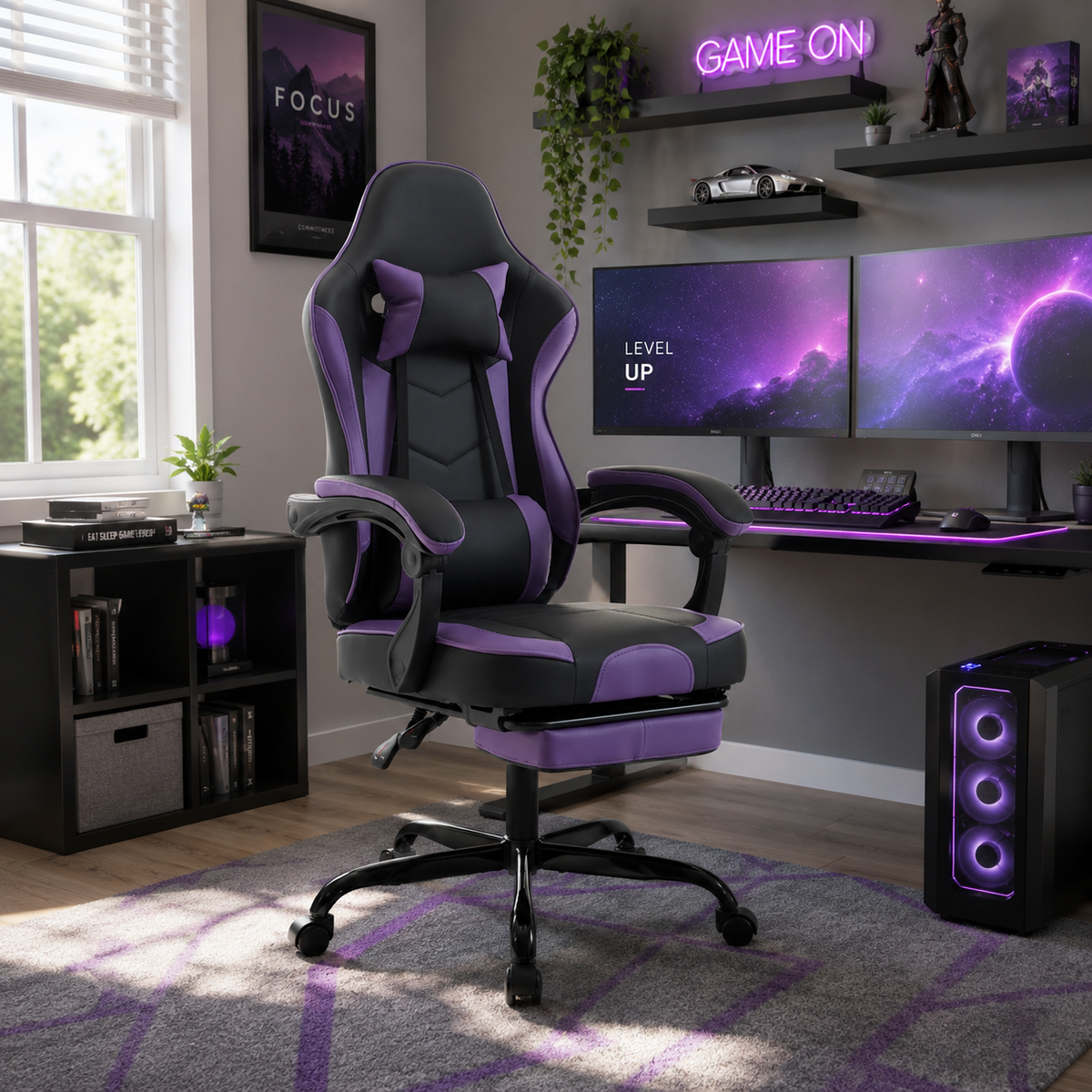 Vesper purple gaming chair in a cozy room with RGB lighting and desk setup
