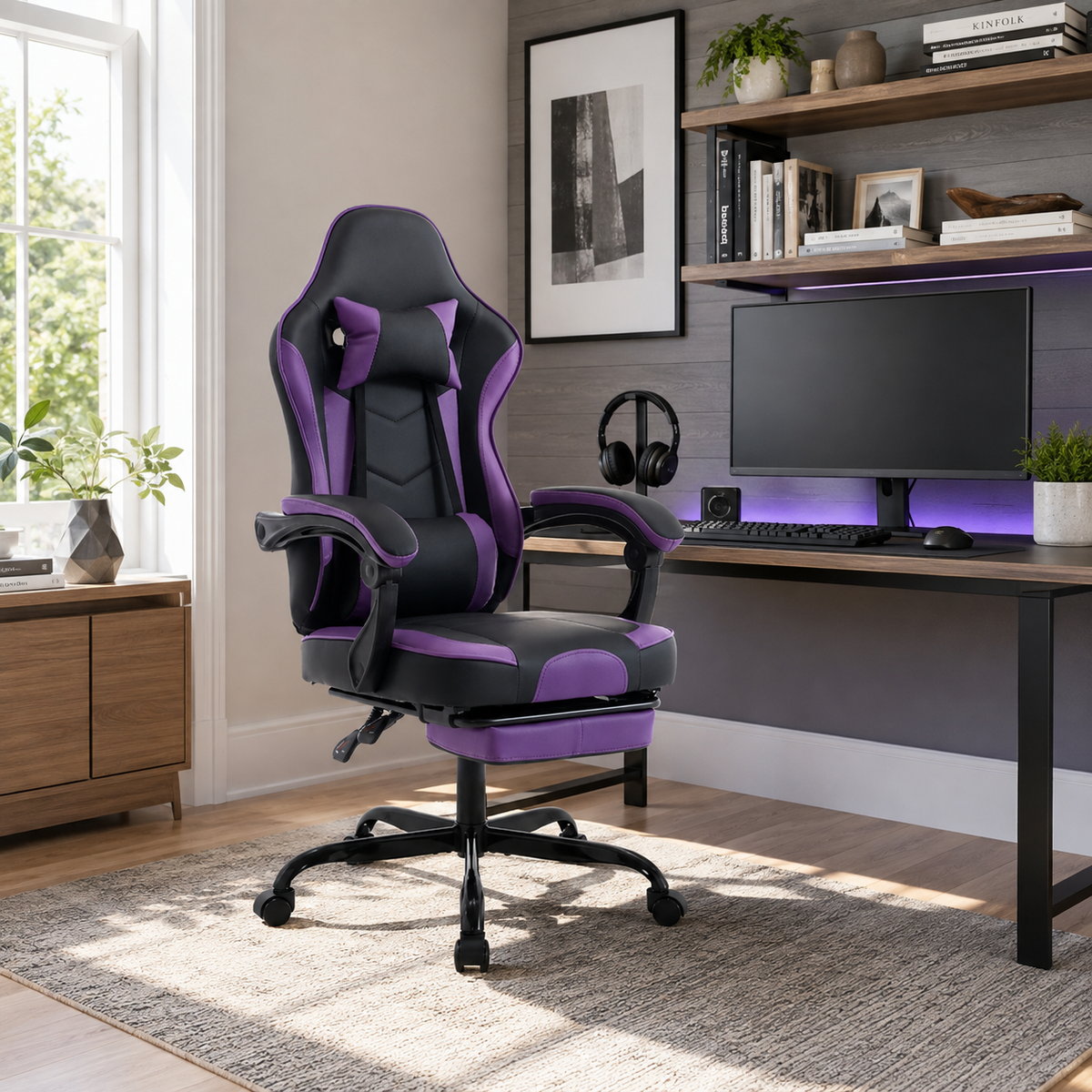 Vesper purple gaming chair in a cozy room with RGB lighting and desk setup