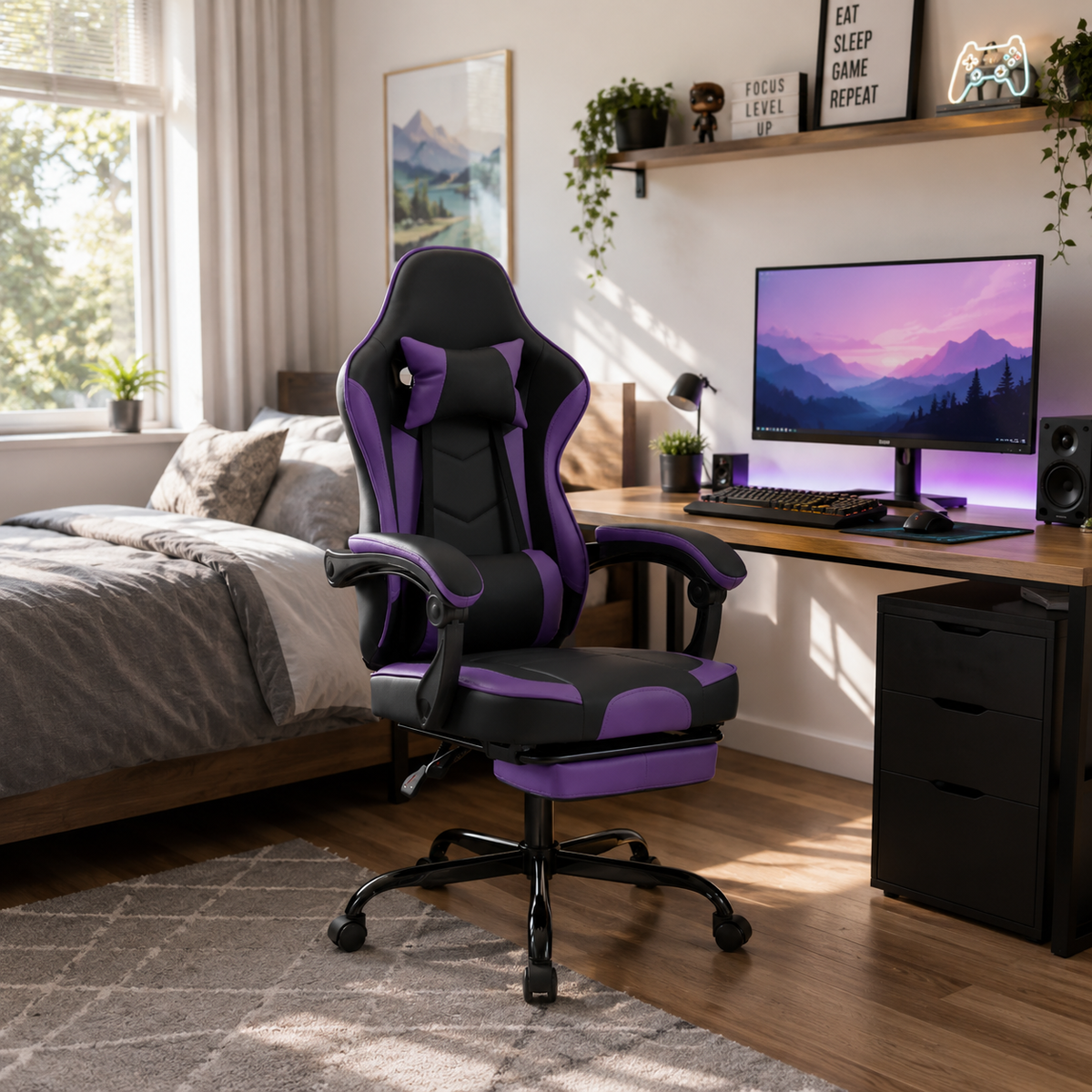 Vesper purple gaming chair in a cozy room with RGB lighting and desk setup