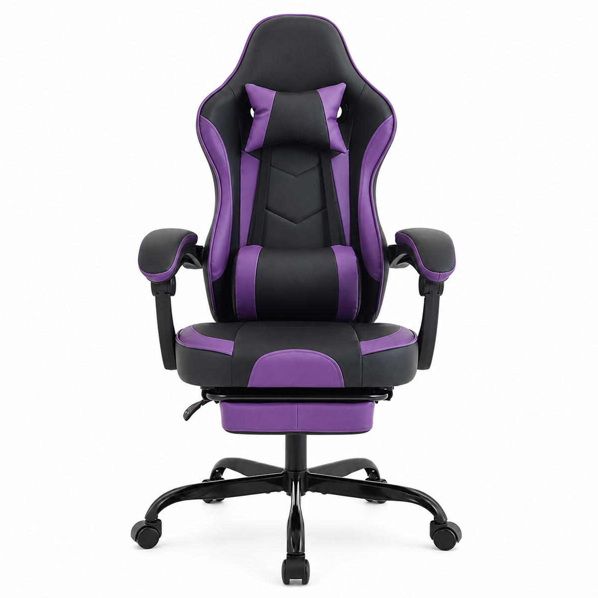 Vesper purple ergonomic gaming chair straight front view on white background