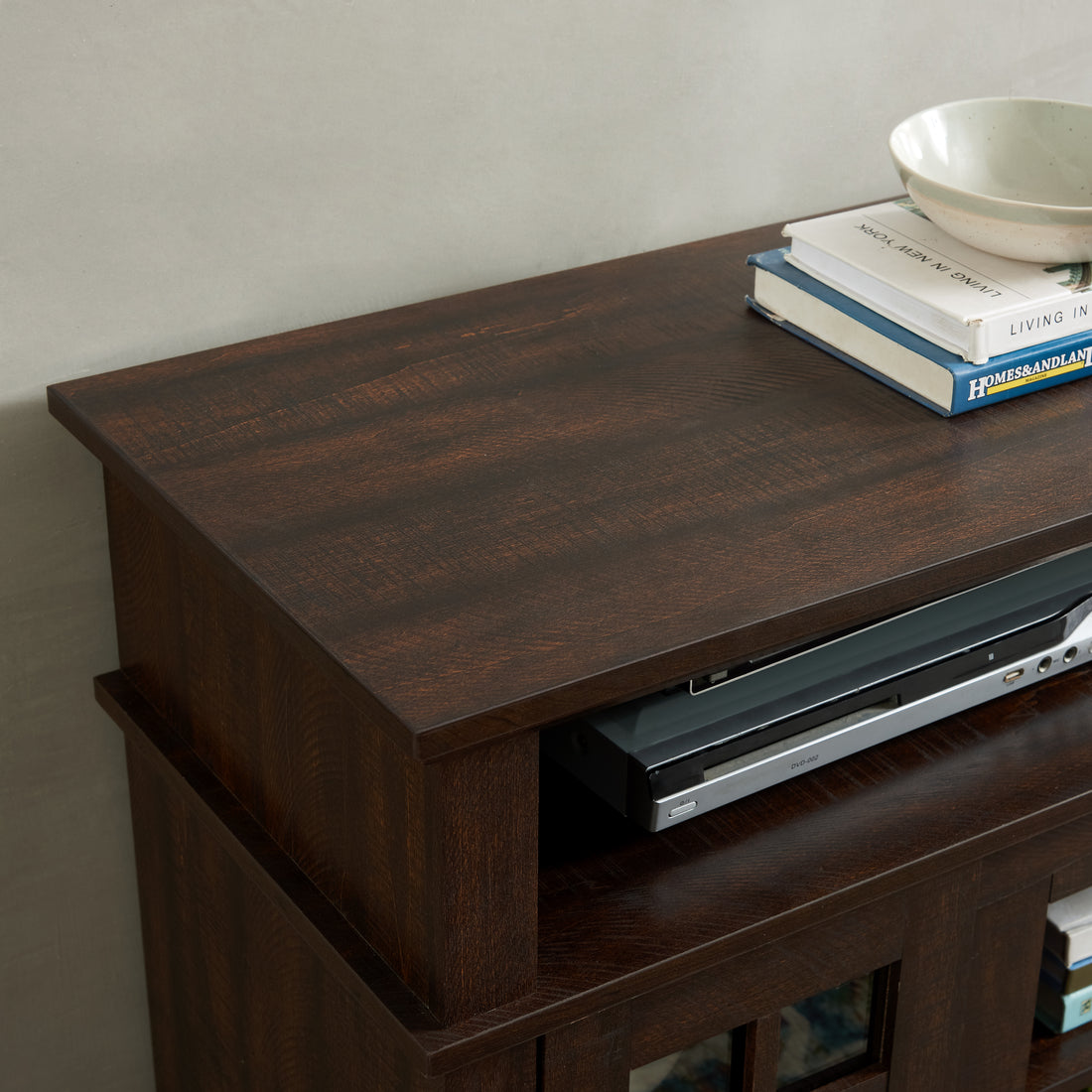 Victorian espresso tv stand showing top surface detail
