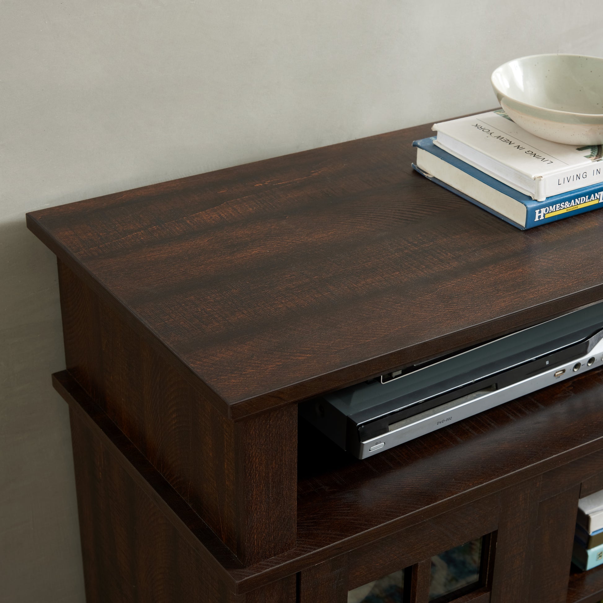 Victorian espresso tv stand showing top surface detail