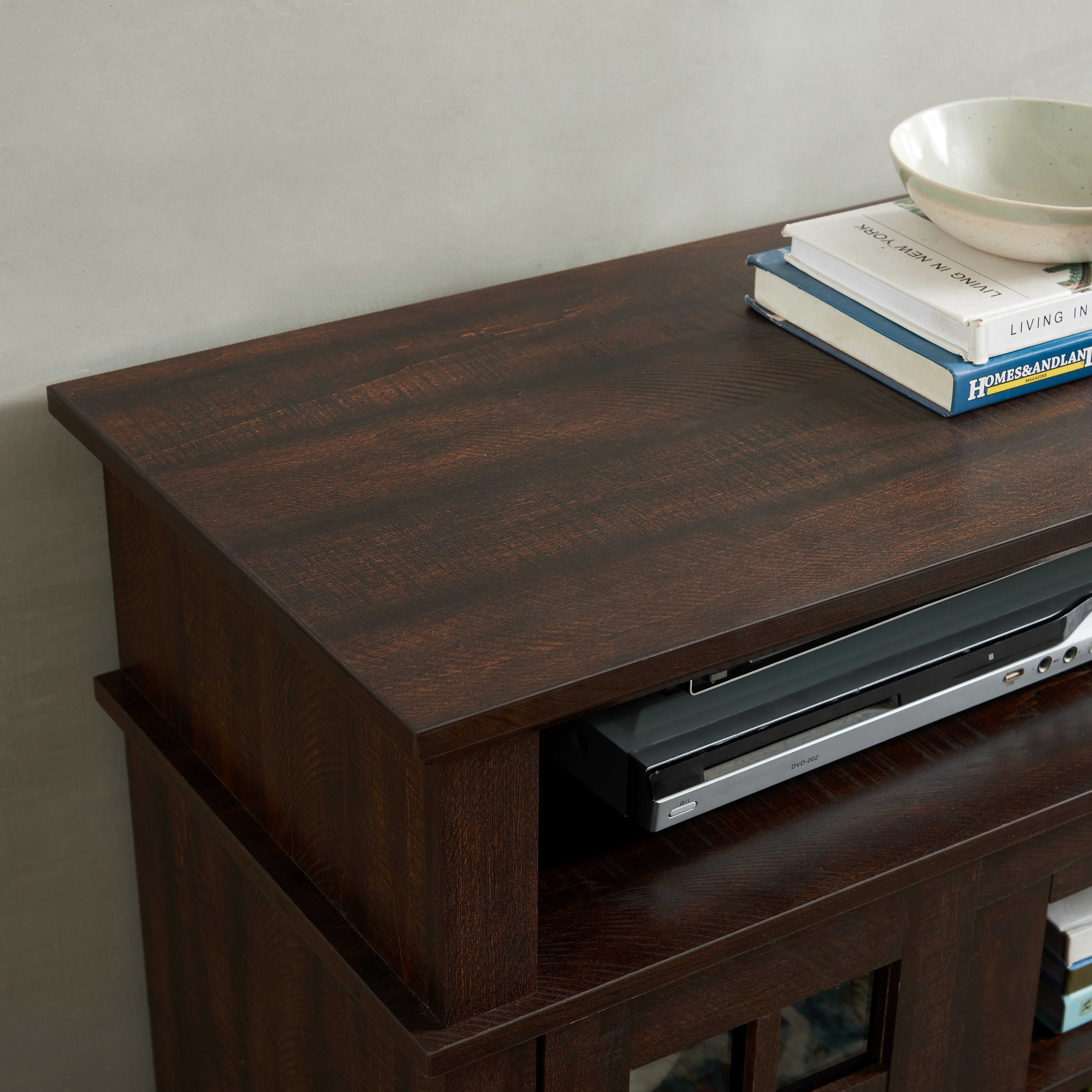Victorian espresso tv stand showing top surface detail