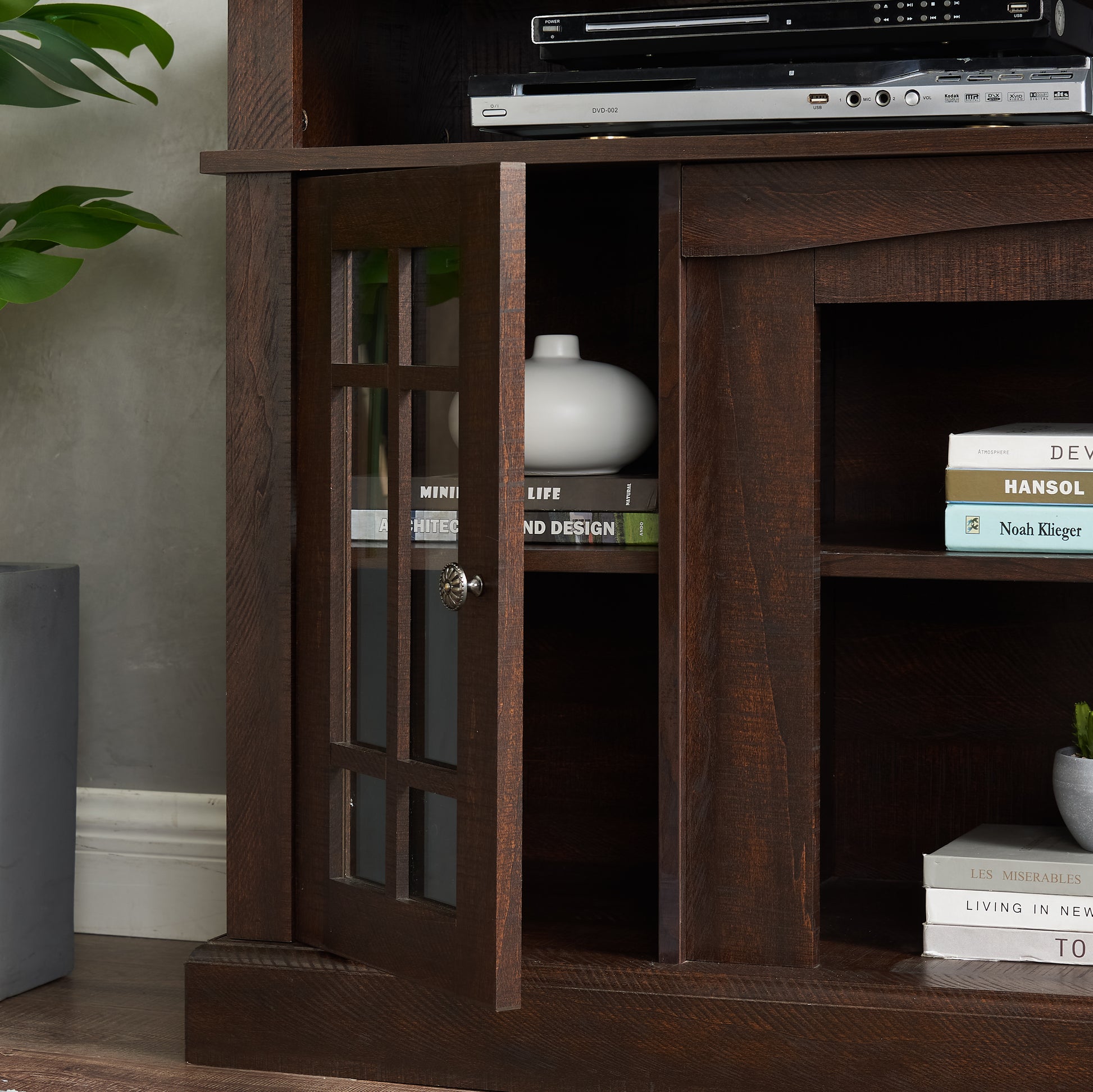Victorian espresso tv stand showing glass door cabinet detail