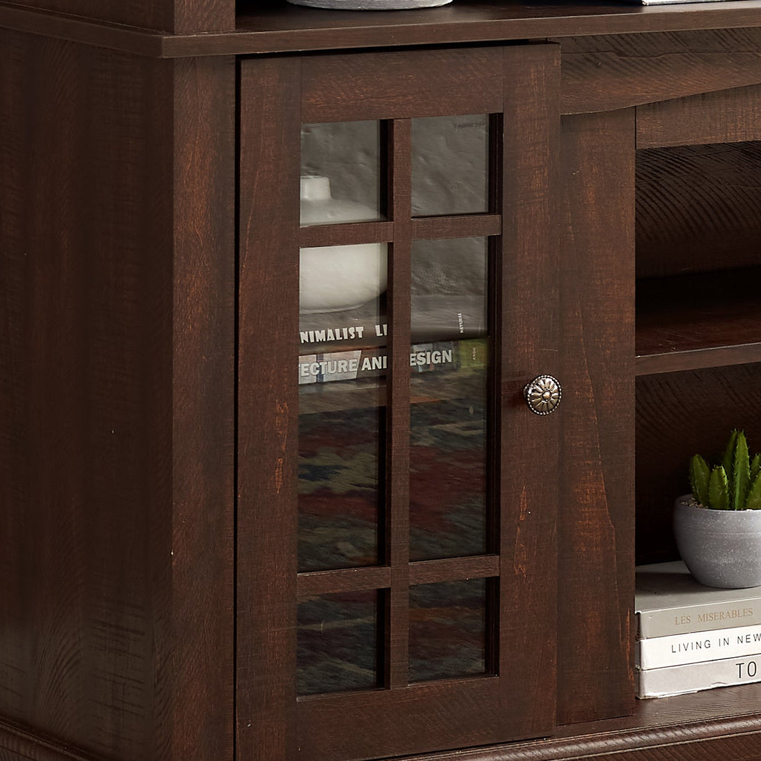 Victorian espresso tv stand showing glass door cabinet detail