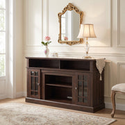 Victorian espresso tv stand showing a styled living room scene with mirror and table lamp