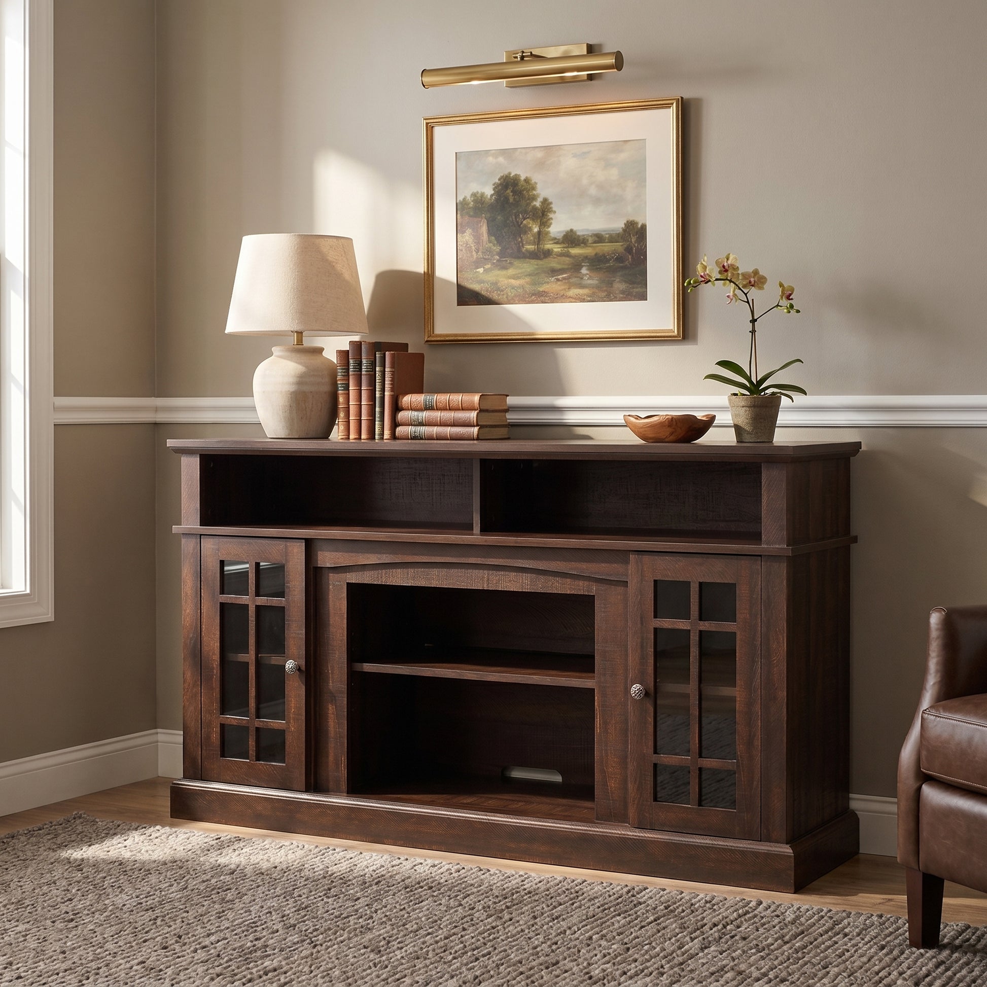 Victorian espresso tv stand showing a traditional room setting with framed wall art