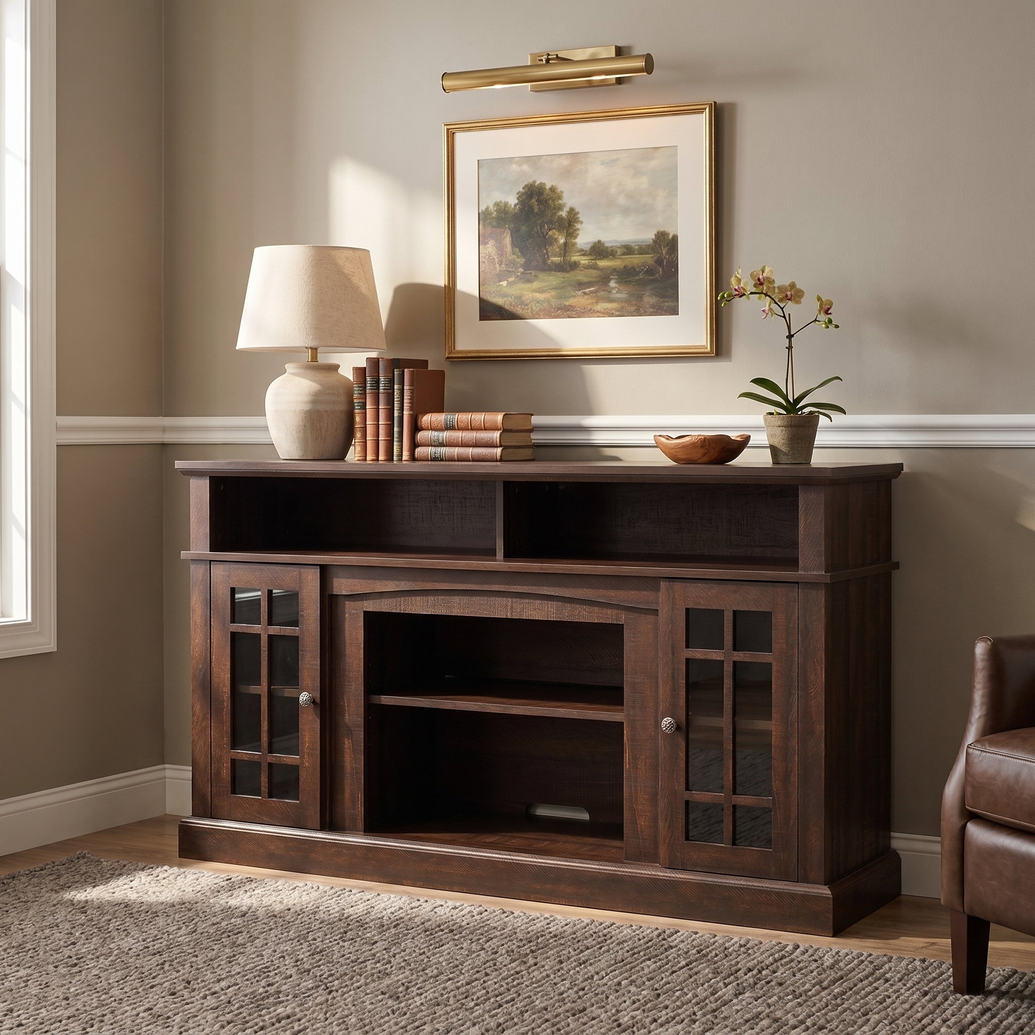 Victorian espresso tv stand showing a traditional room setting with framed wall art
