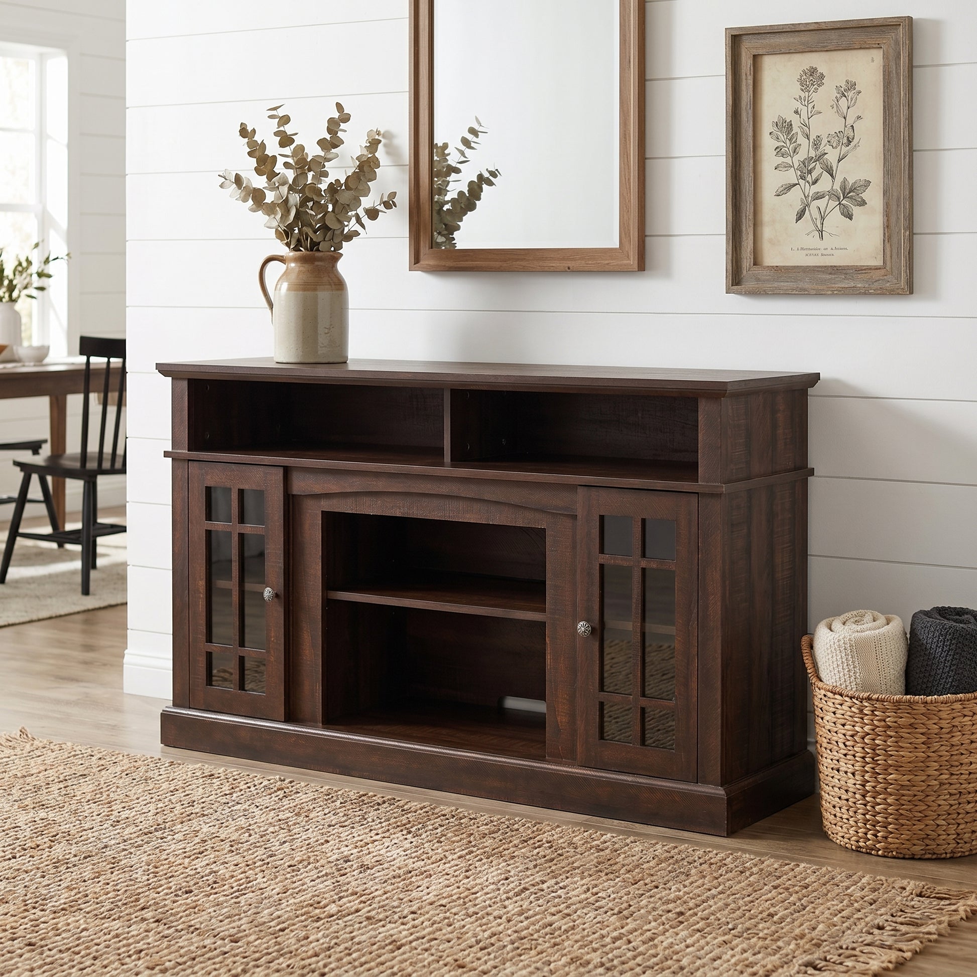 Victorian espresso tv stand showing a warm interior scene with open storage