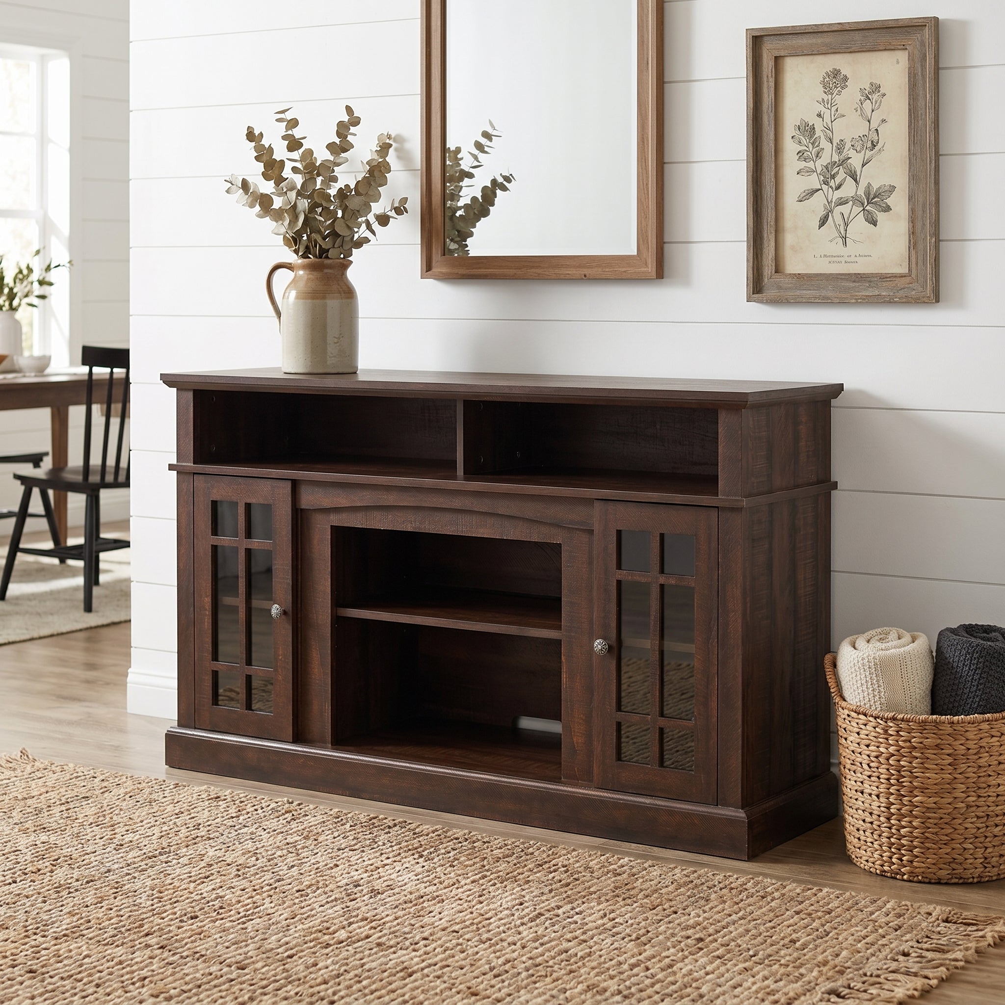 Victorian espresso tv stand showing a warm interior scene with open storage