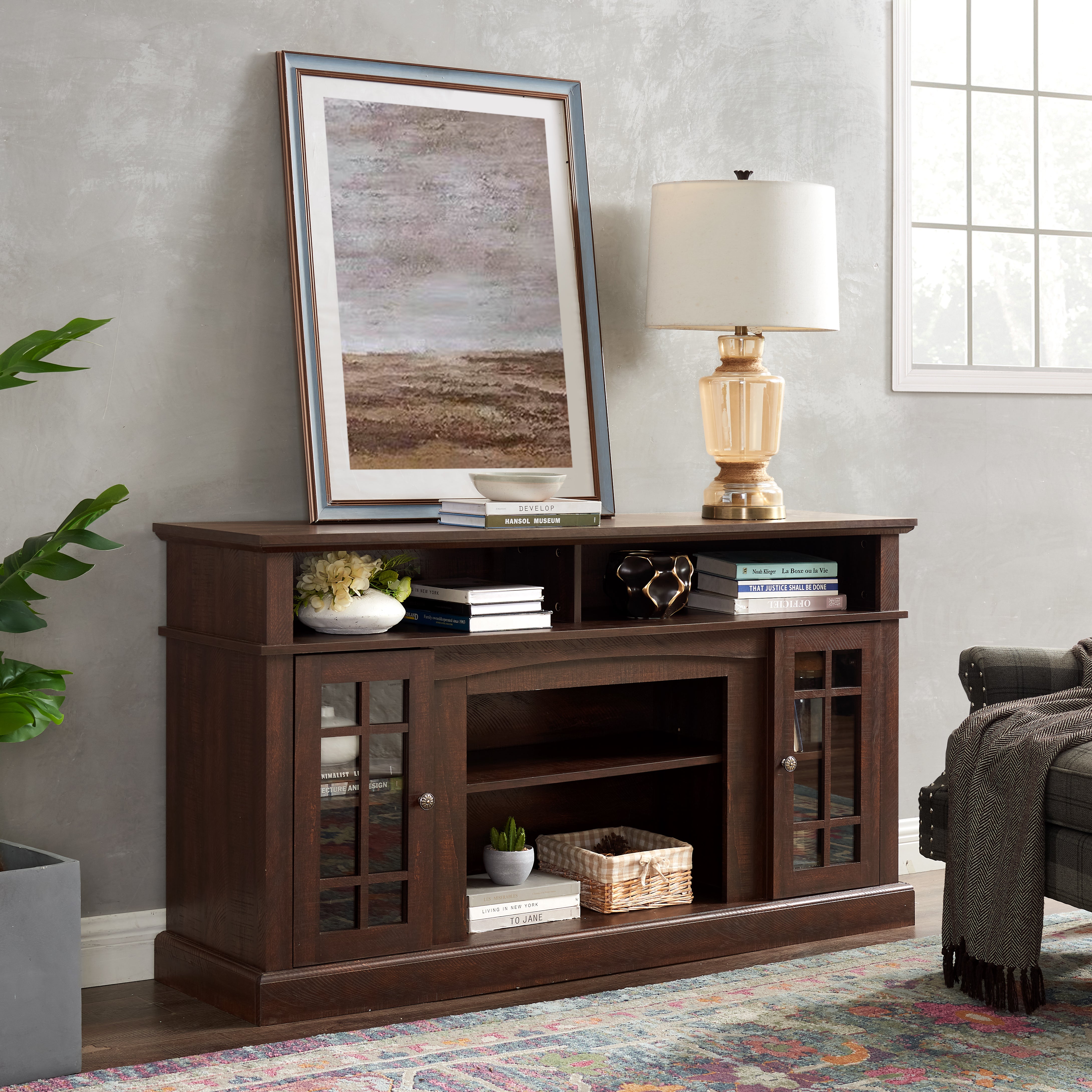 Victorian espresso tv stand showing a home living space with decor and cabinet storage