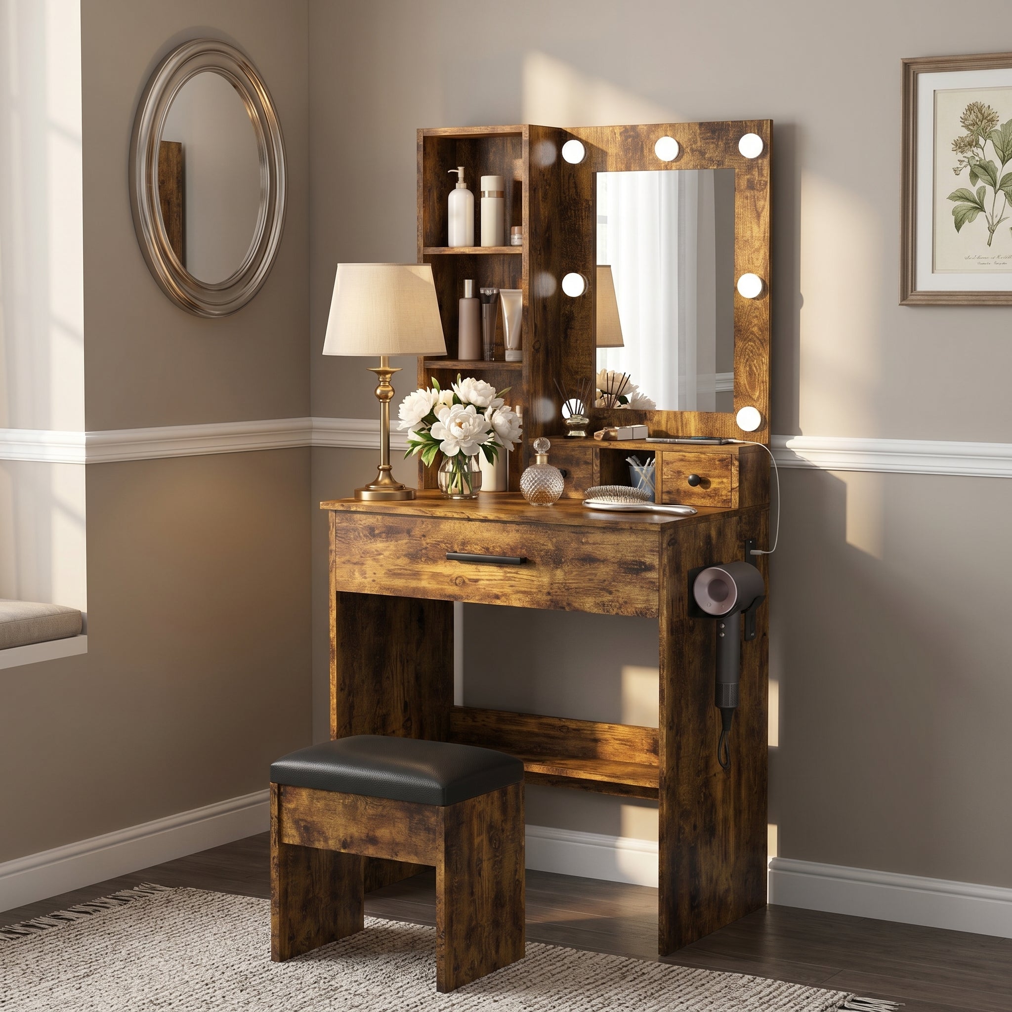 Viken brown vanity table set showing bedroom lifestyle scene