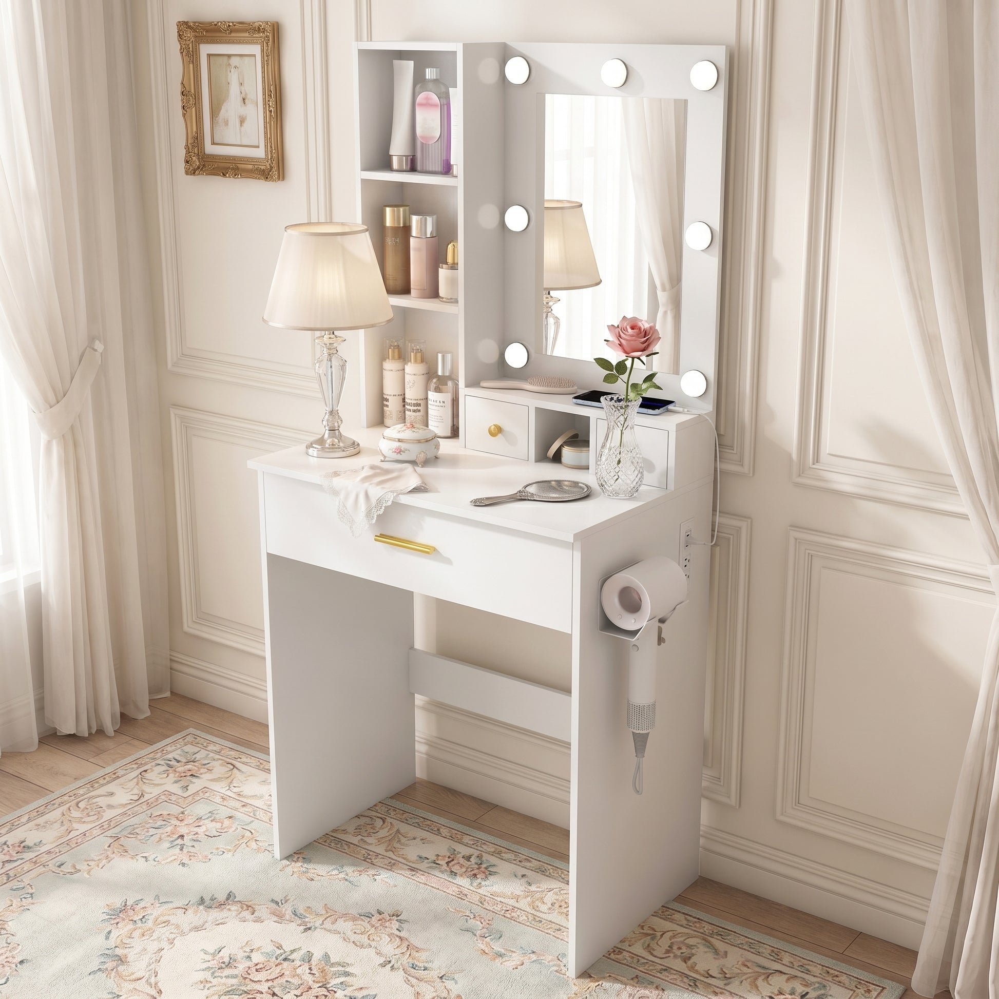Viken white vanity table set showing dressing area scene