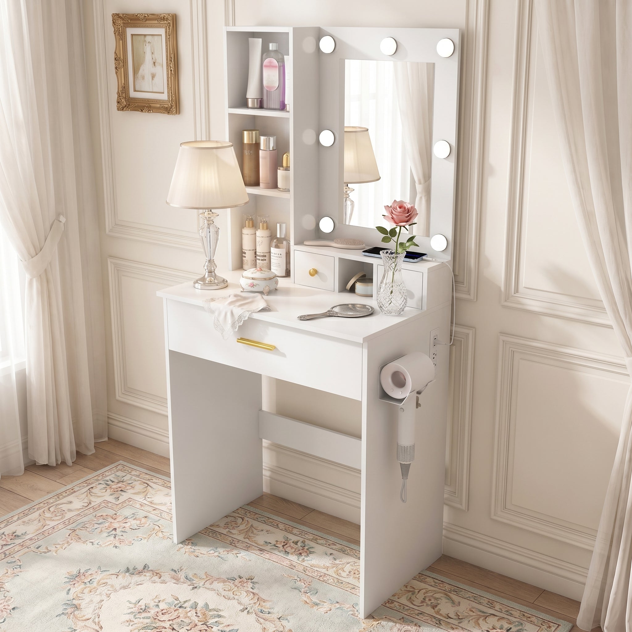 Viken white vanity table set showing dressing area scene