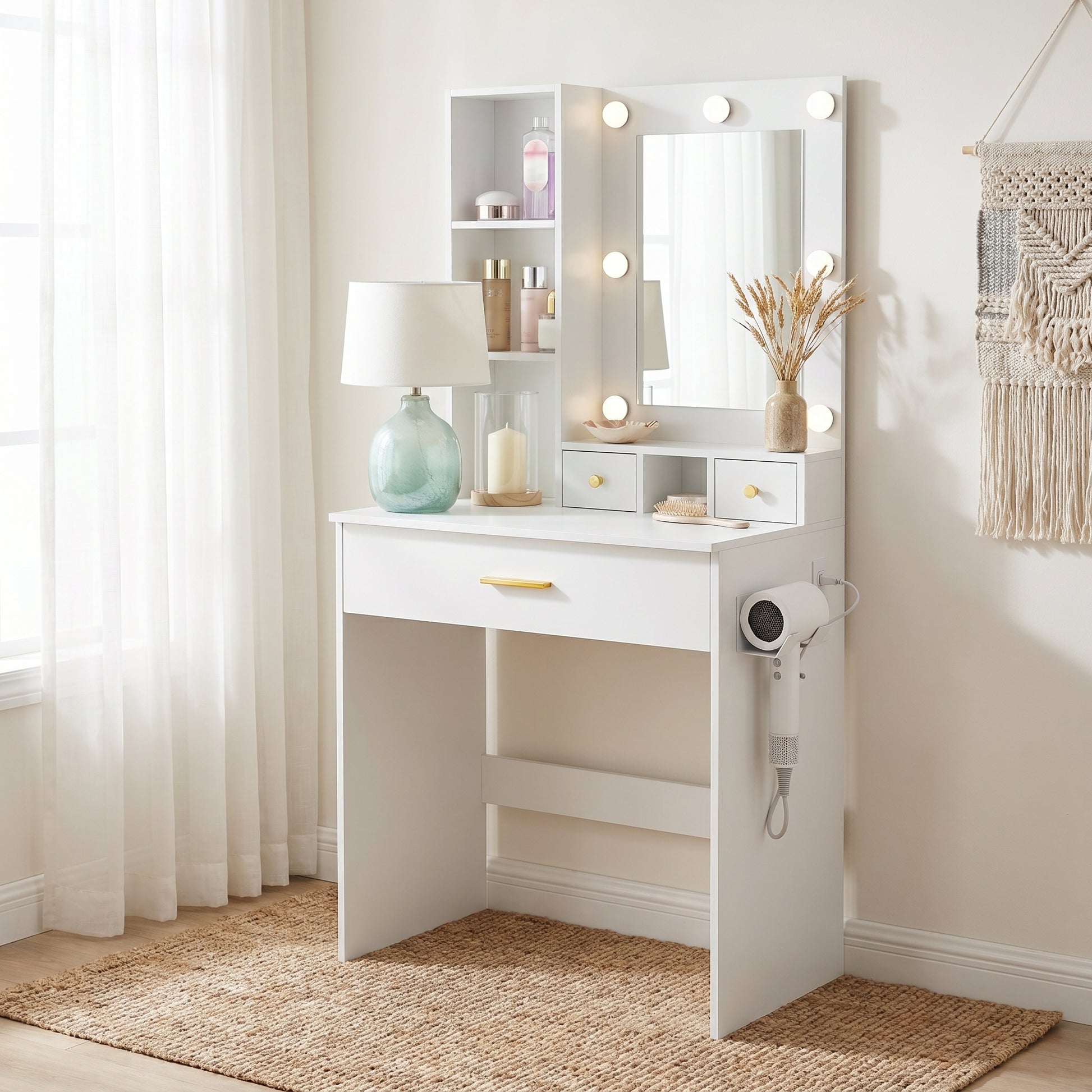 Viken white vanity table set showing bedroom lifestyle scene
