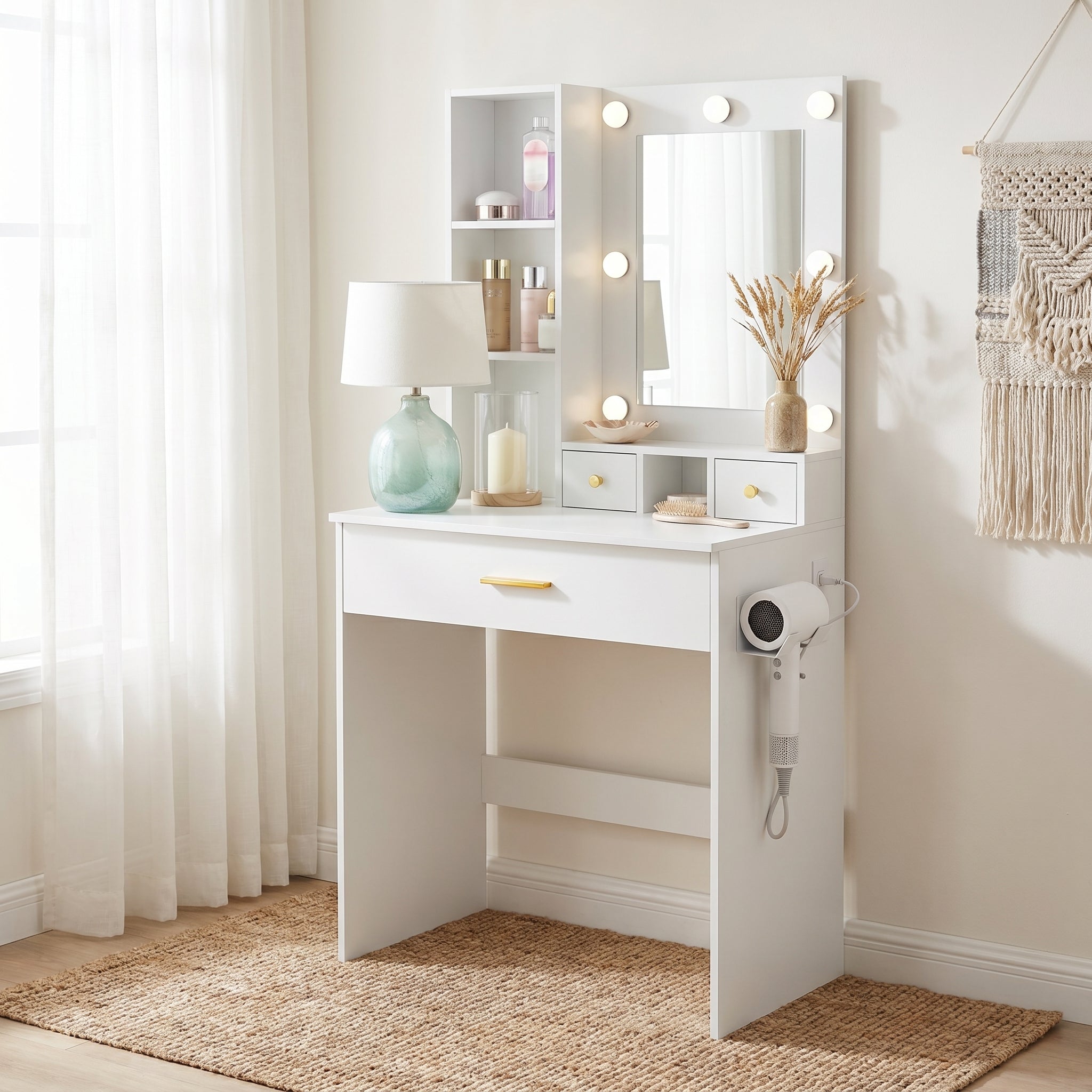 Viken white vanity table set showing bedroom lifestyle scene