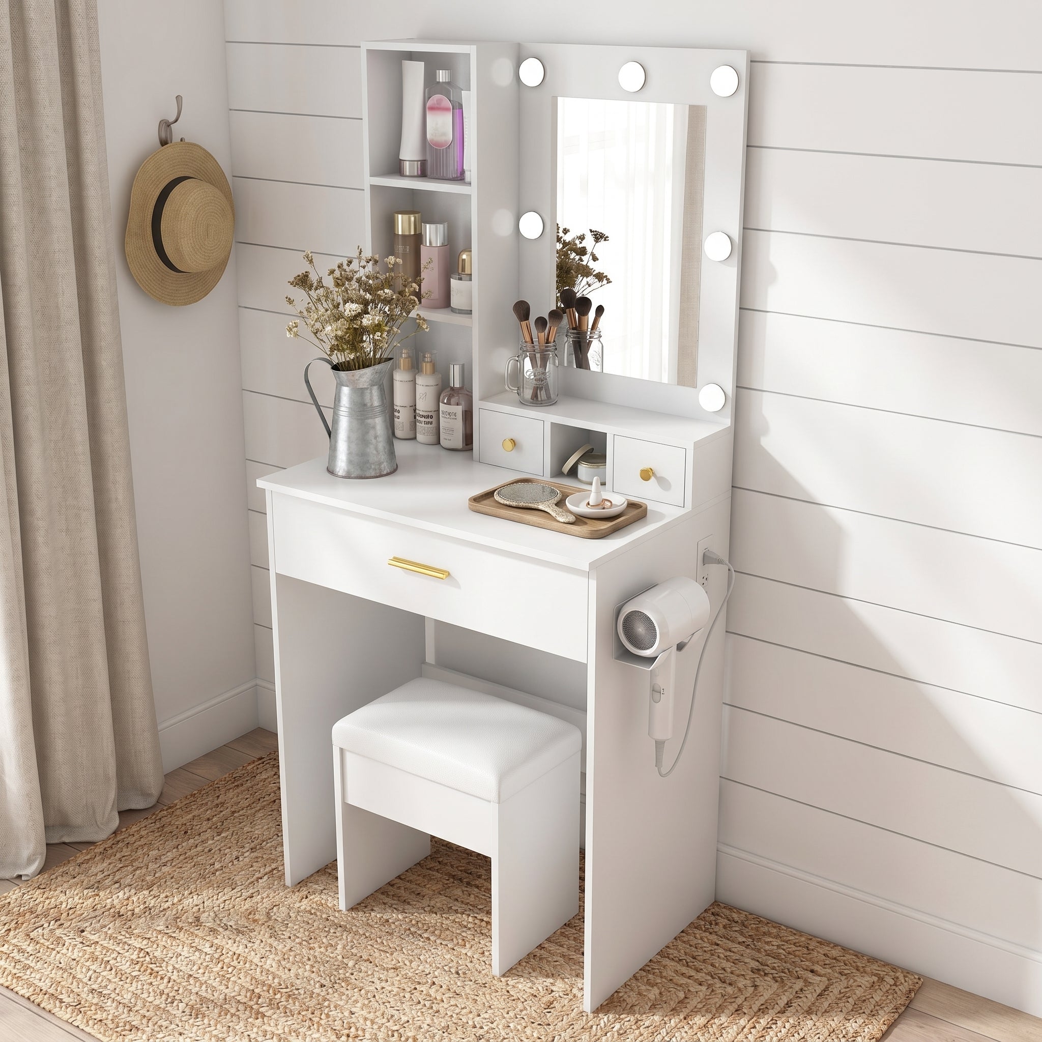 Viken white vanity table set showing angled lifestyle view