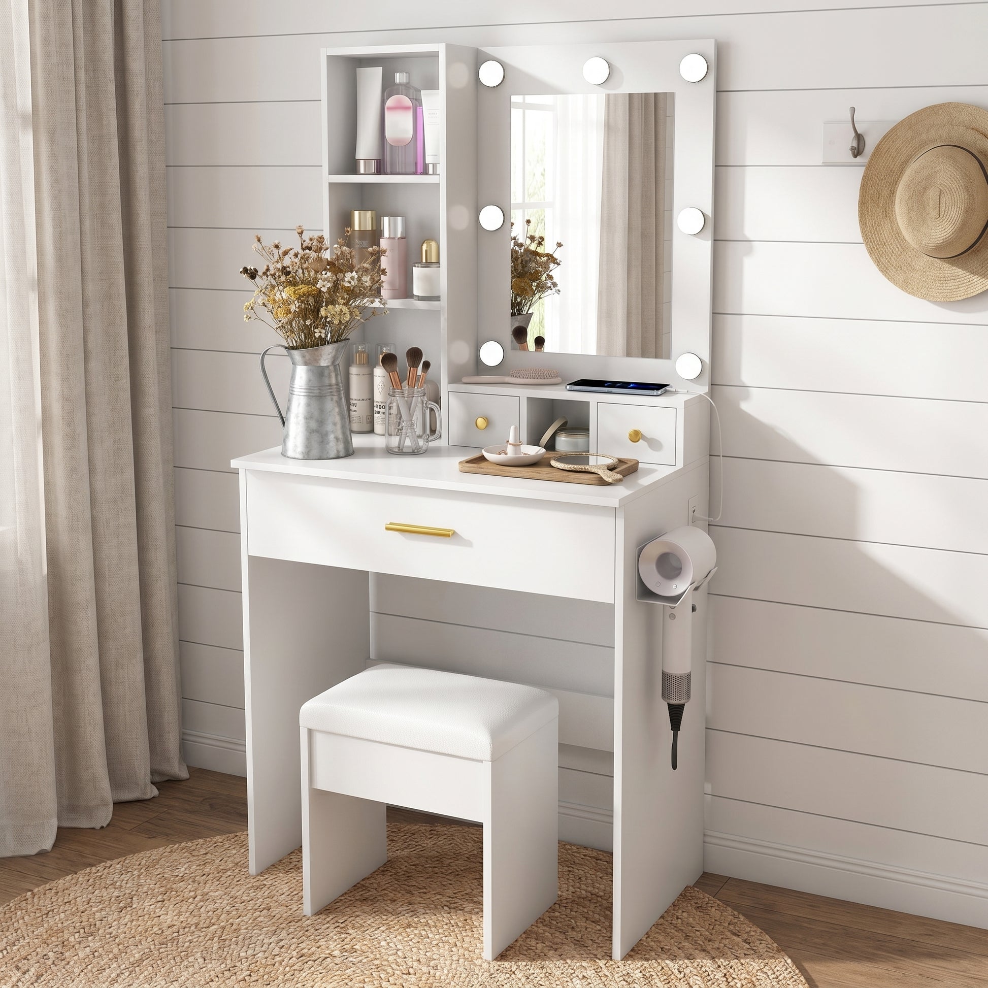 Viken white vanity table set showing side lifestyle view