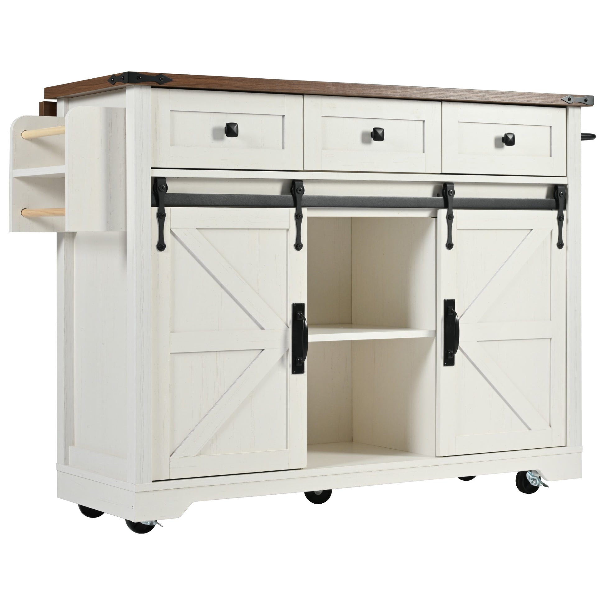 Vilnius white farmhouse kitchen island rolling cart with sliding barn doors open center storage shelves side rack and dark wood countertop angled front view isolated on white background