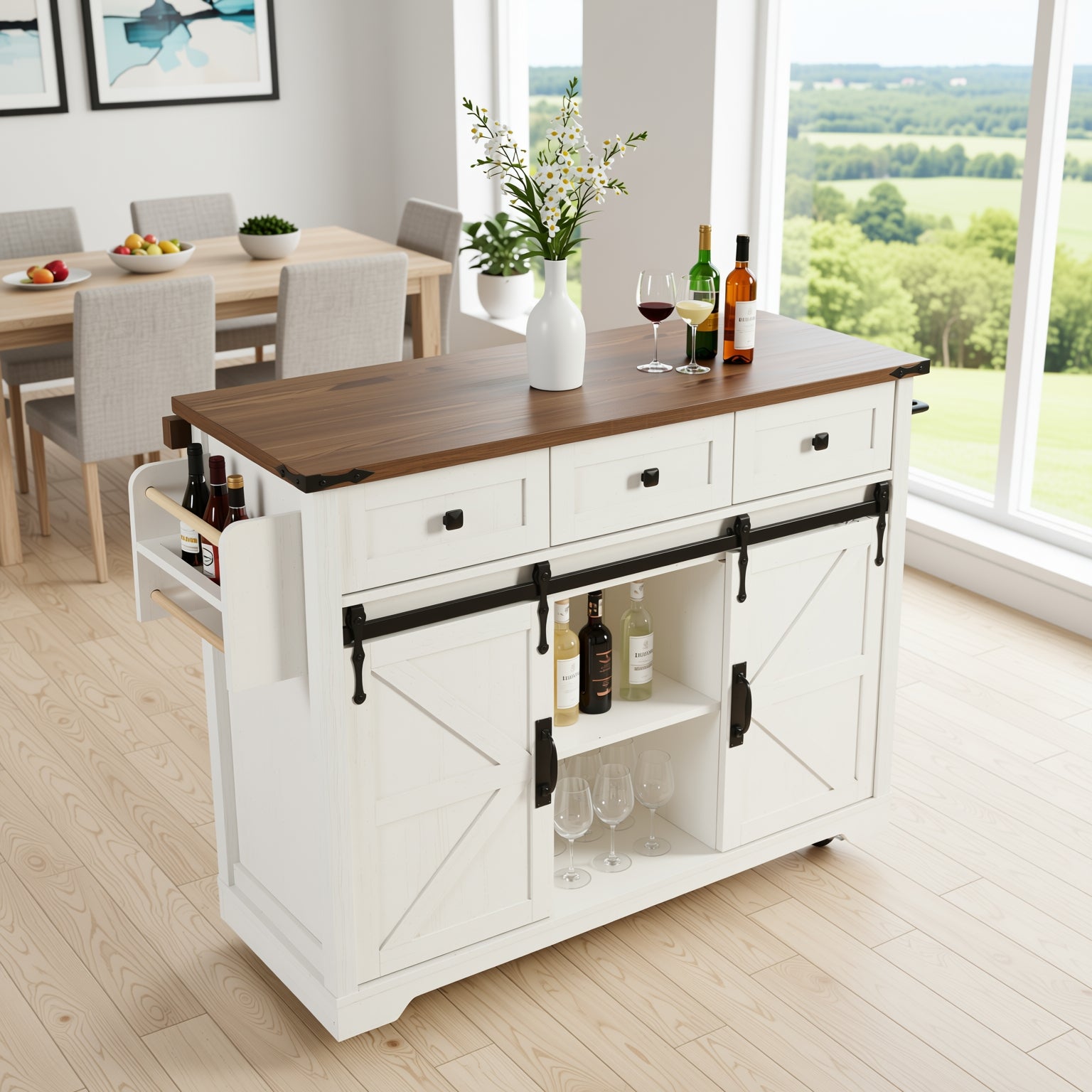 Vilnius white farmhouse kitchen island rolling cart with dark wood drop leaf top sliding barn doors and wine storage styled in a bright dining room scene