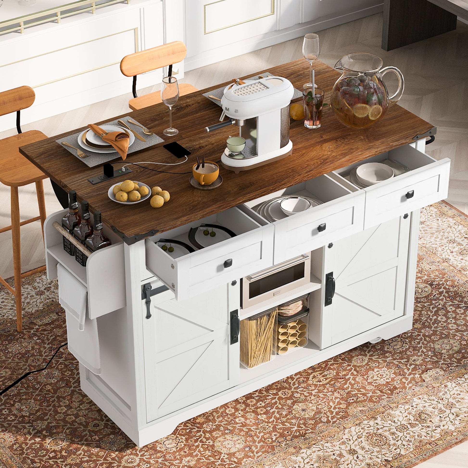 Vilnius white farmhouse kitchen island rolling cart with expanded drop leaf countertop open drawers sliding barn doors and built in power outlet styled for meal prep and dining use
