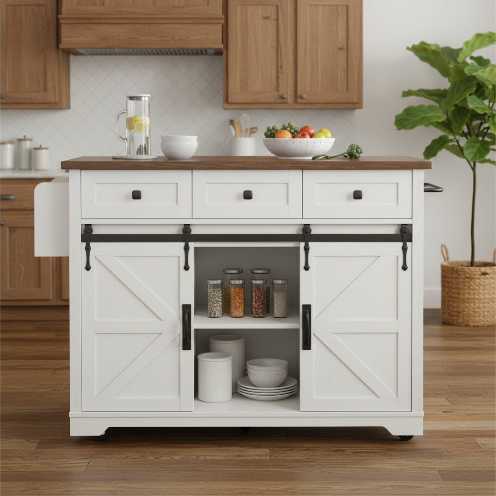 Vilnius white farmhouse kitchen island rolling cart with sliding barn doors drawers open shelving and dark wood top styled in a warm farmhouse kitchen setting