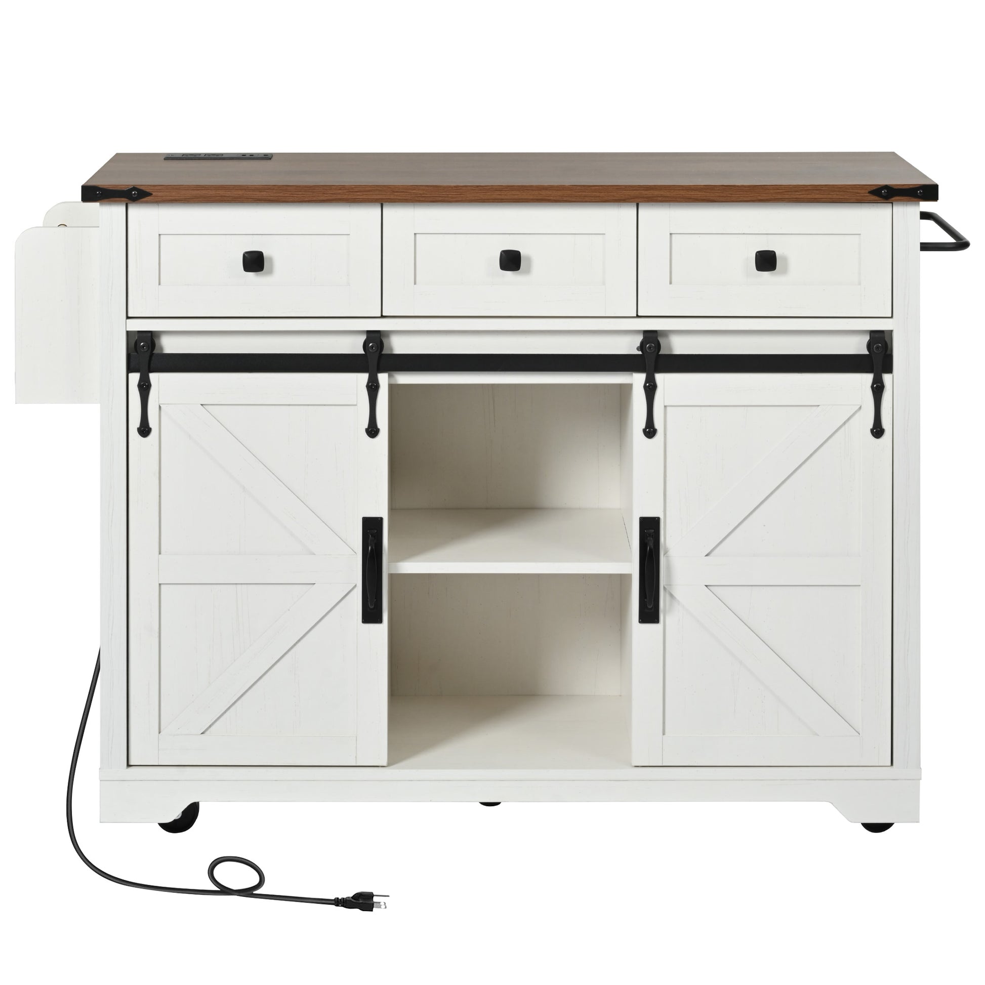 Vilnius white farmhouse kitchen island rolling cart with sliding barn doors three drawers open center storage shelves and dark wood countertop front view isolated on white background