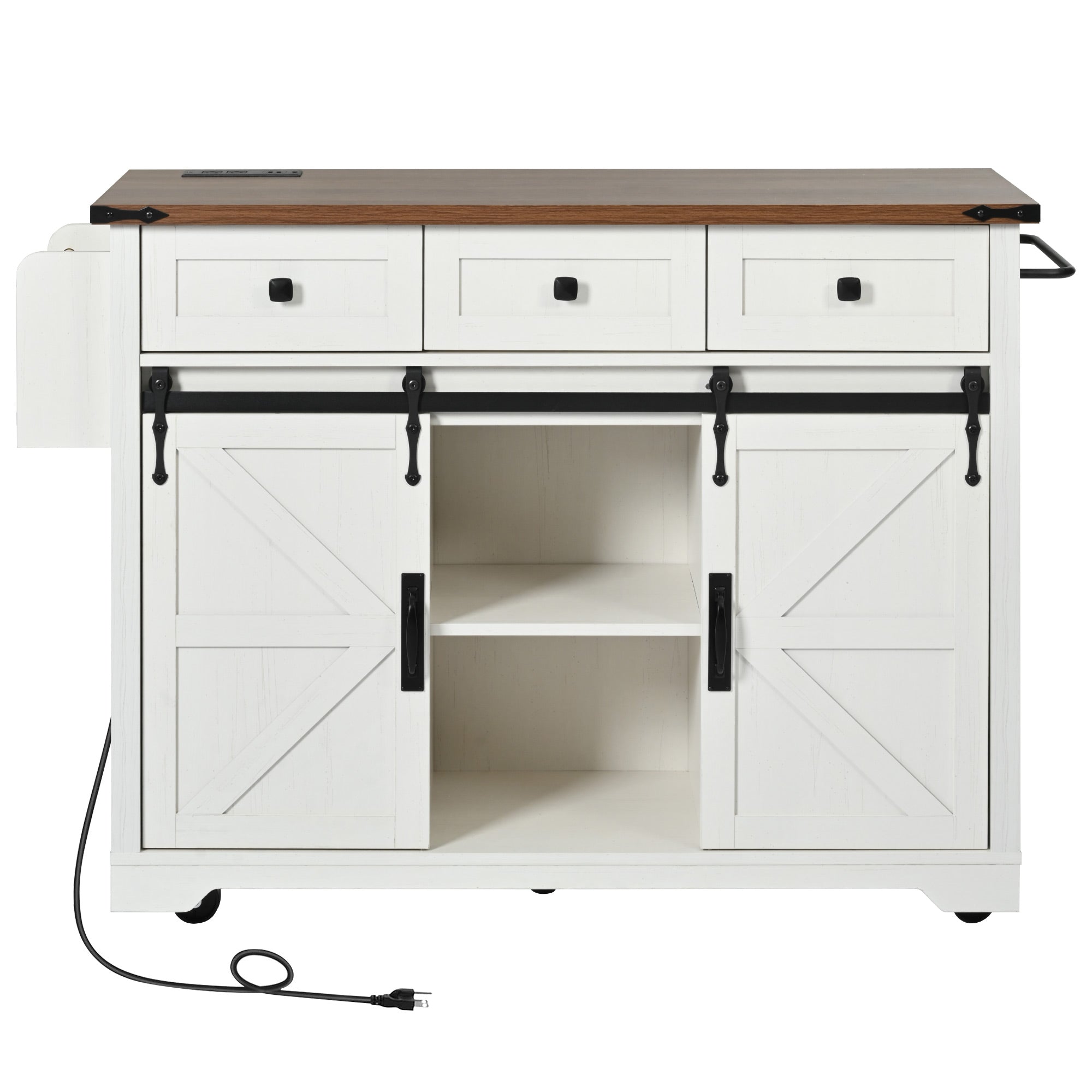 Vilnius white farmhouse kitchen island rolling cart with sliding barn doors three drawers open center storage shelves and dark wood countertop front view isolated on white background