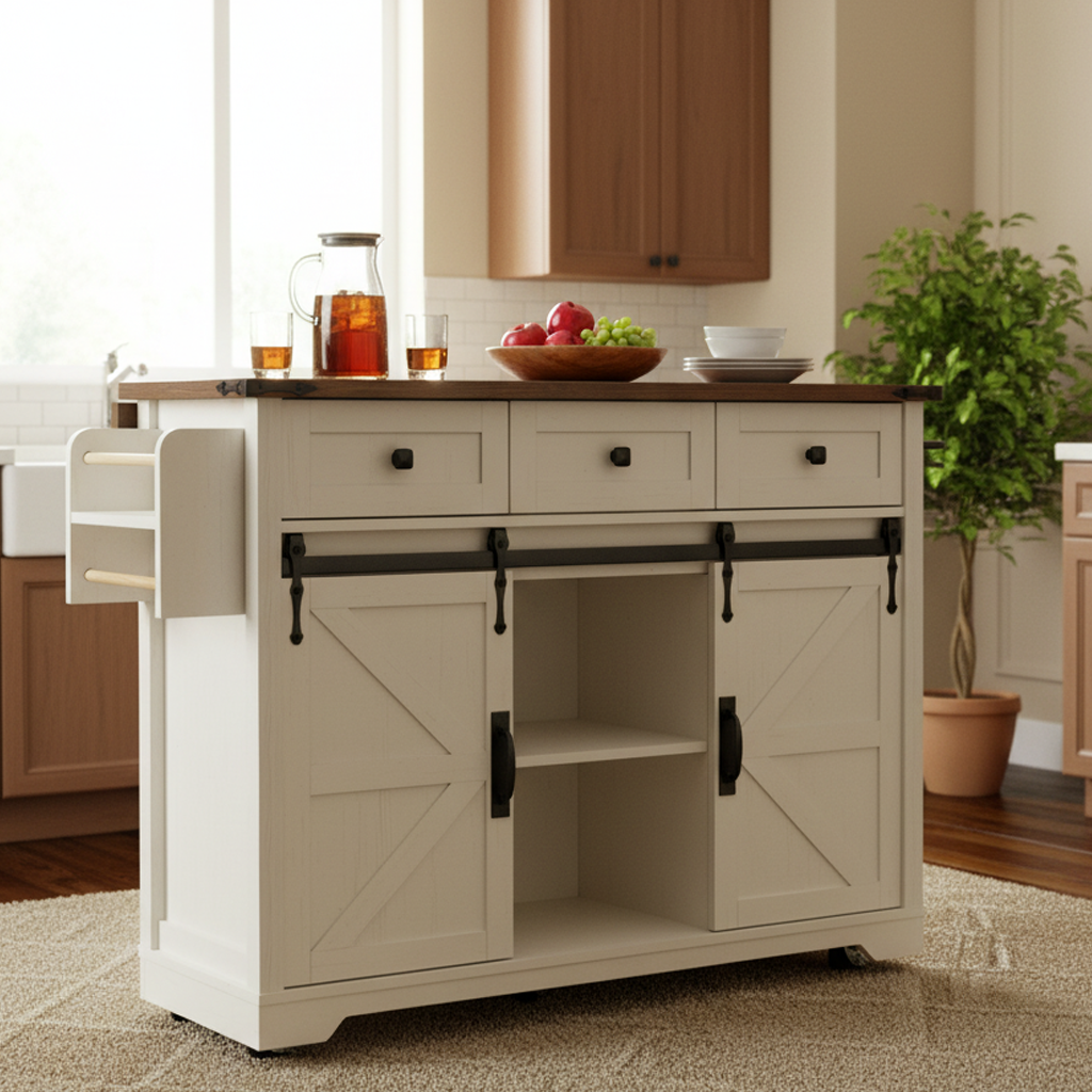 Vilnius white farmhouse kitchen island rolling cart with sliding barn doors drawers open shelving and dark wood countertop styled in a cozy modern kitchen scene