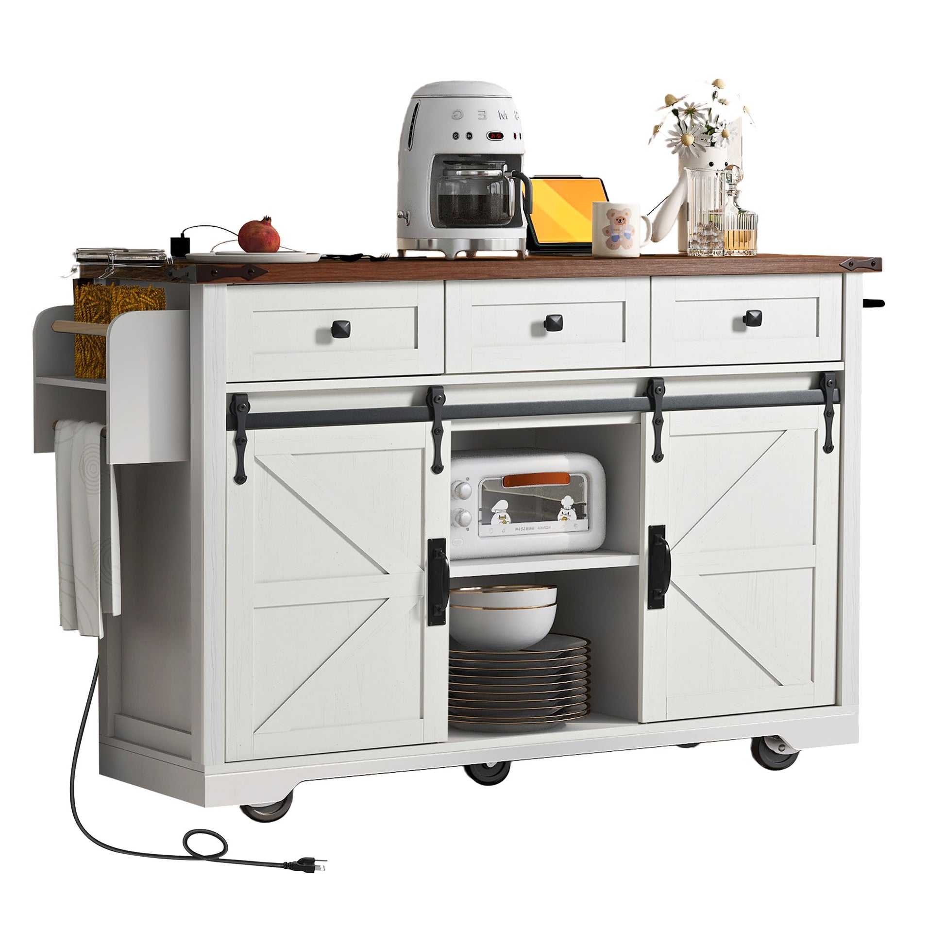 Vilnius white farmhouse kitchen island rolling cart with sliding barn doors open storage shelves towel rack and dark wood countertop styled with air fryer and kitchen accessories