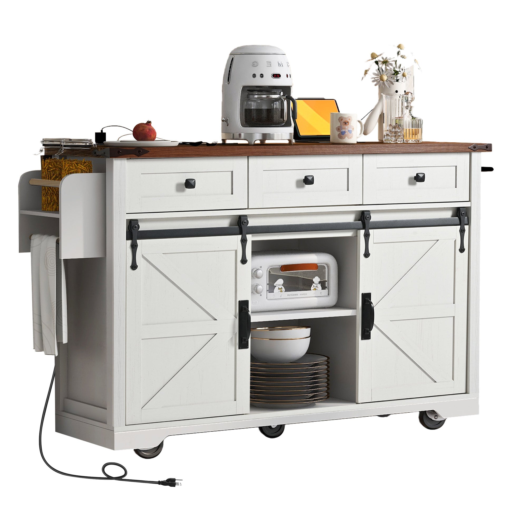 Vilnius white farmhouse kitchen island rolling cart with sliding barn doors open storage shelves towel rack and dark wood countertop styled with air fryer and kitchen accessories