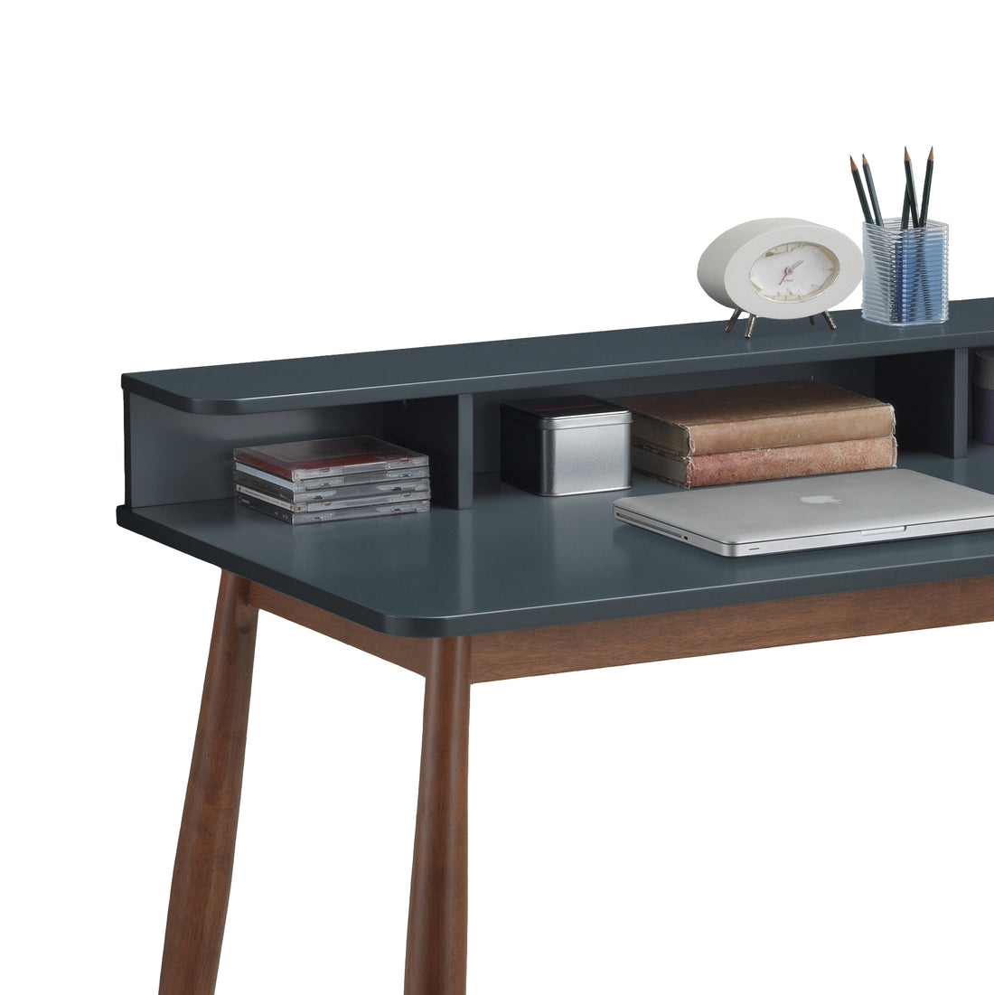 Visby grey writing desk showing open hutch and desktop storage detail