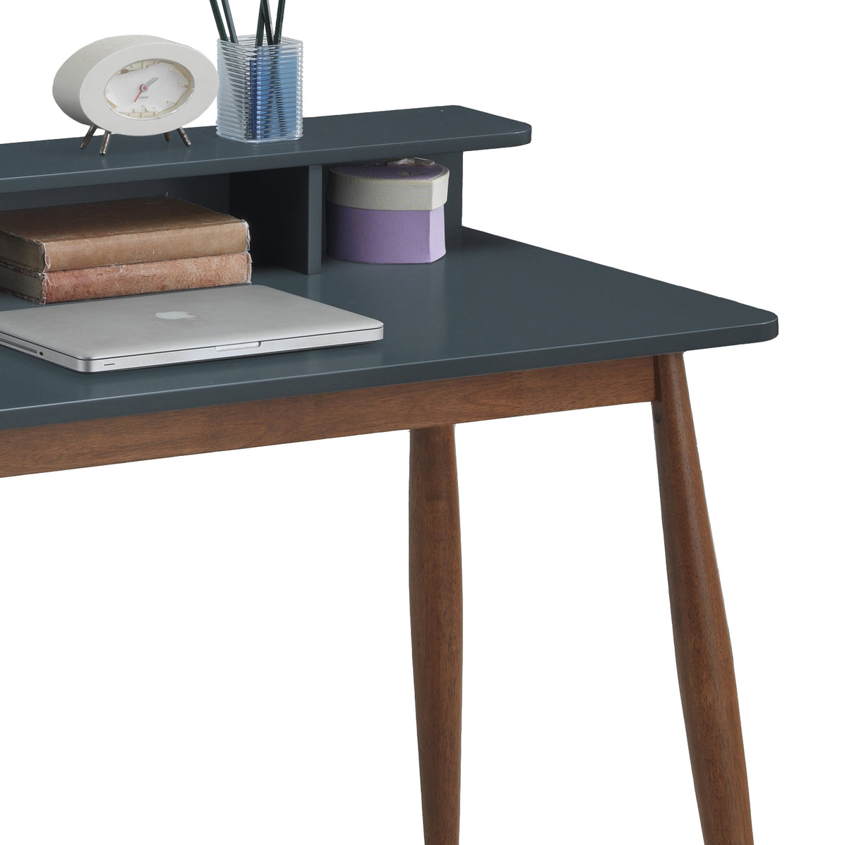 Visby grey writing desk showing raised hutch shelf and tabletop detail