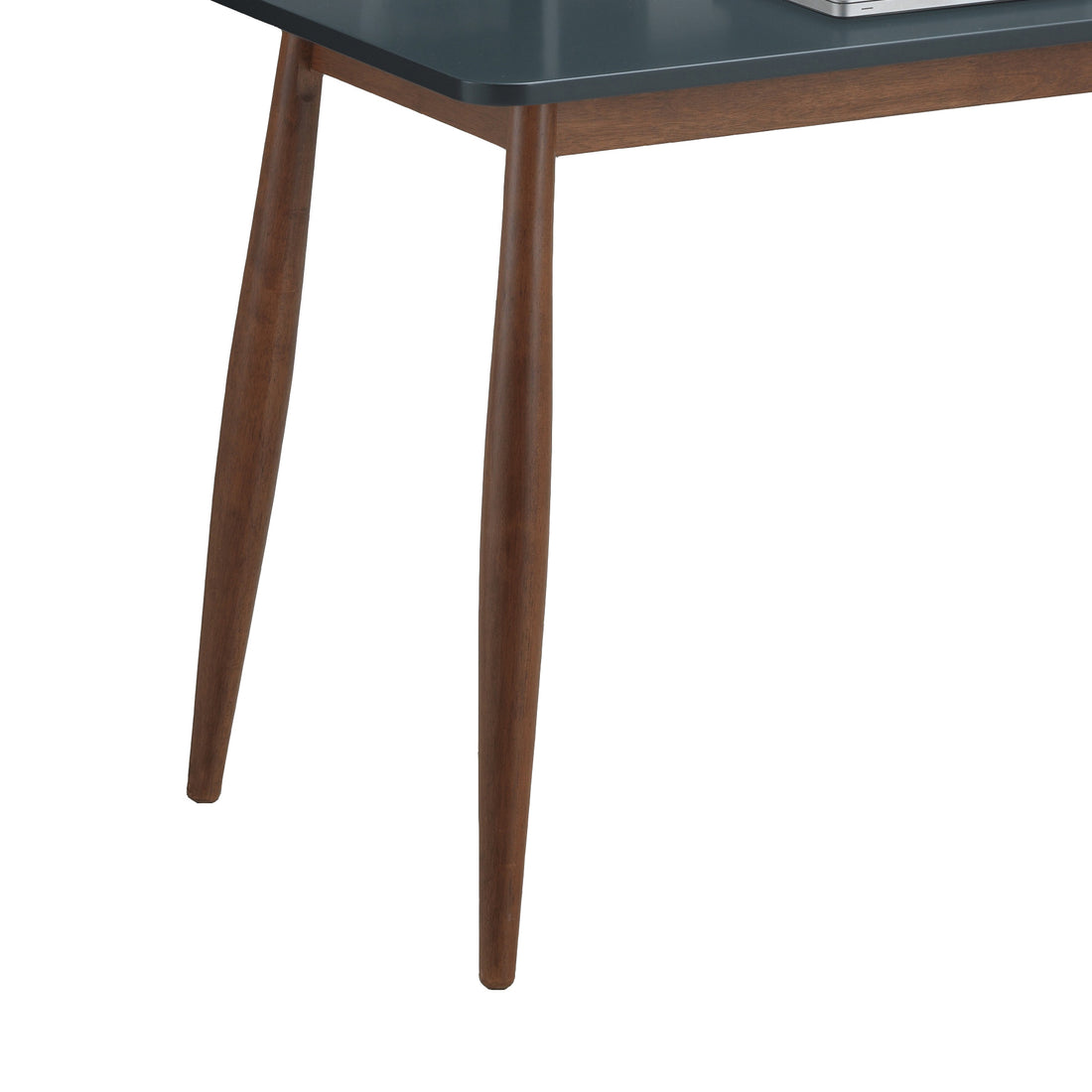Visby grey writing desk showing tapered wood leg and desktop edge detail