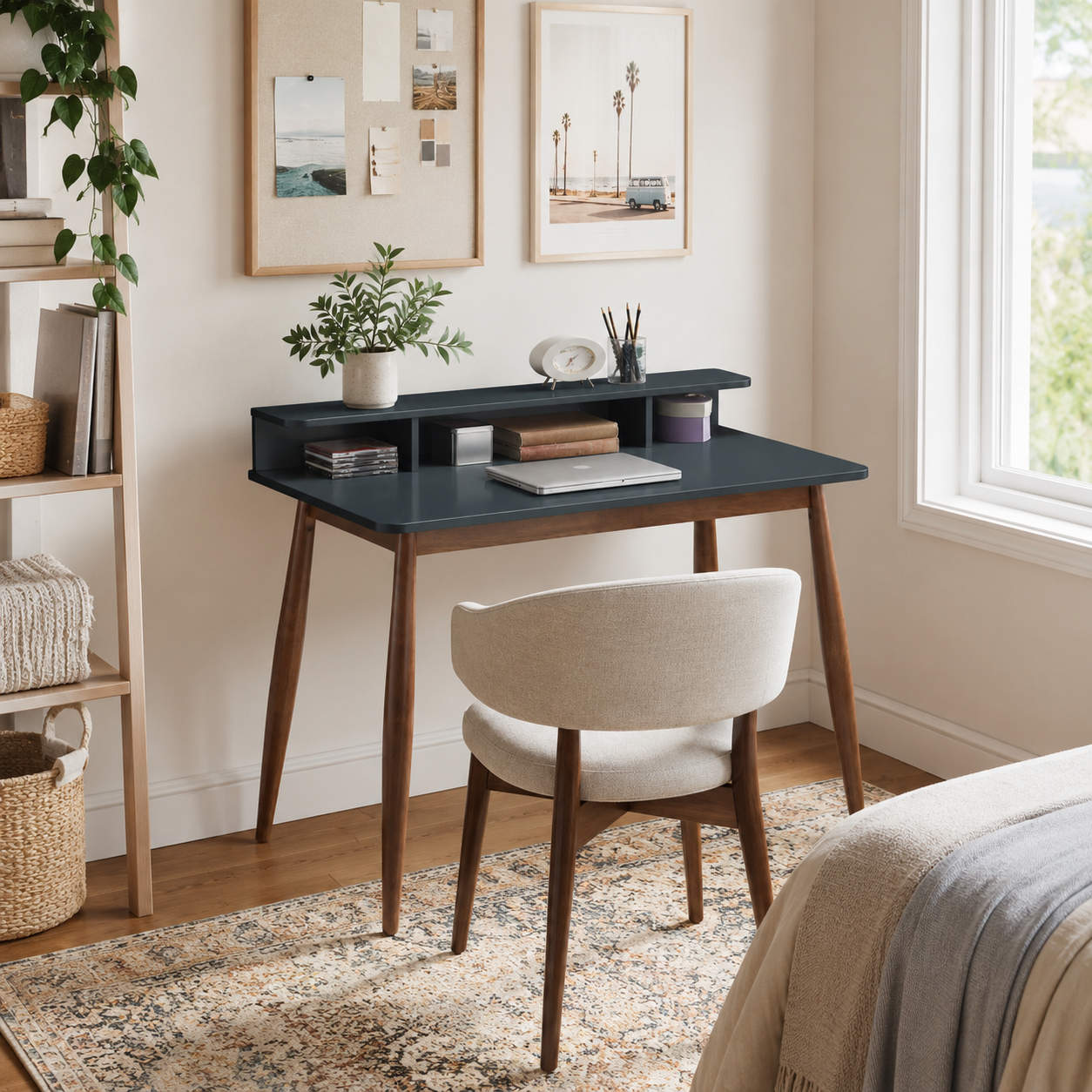 Visby grey writing desk showing an open hutch study area with a chair beside a bright window