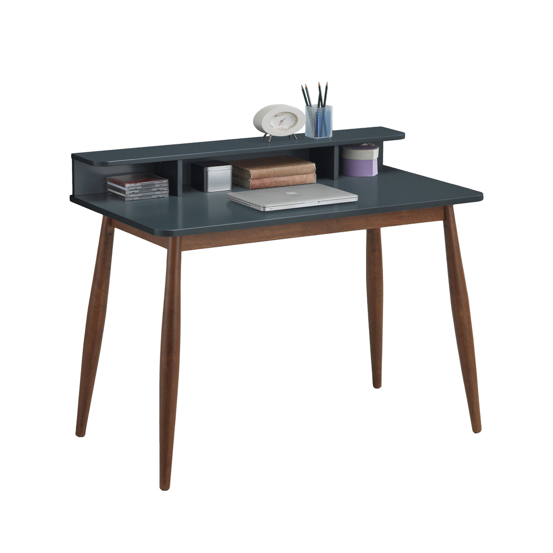 Visby grey writing desk showing the front angled view with an open hutch and tapered wood legs