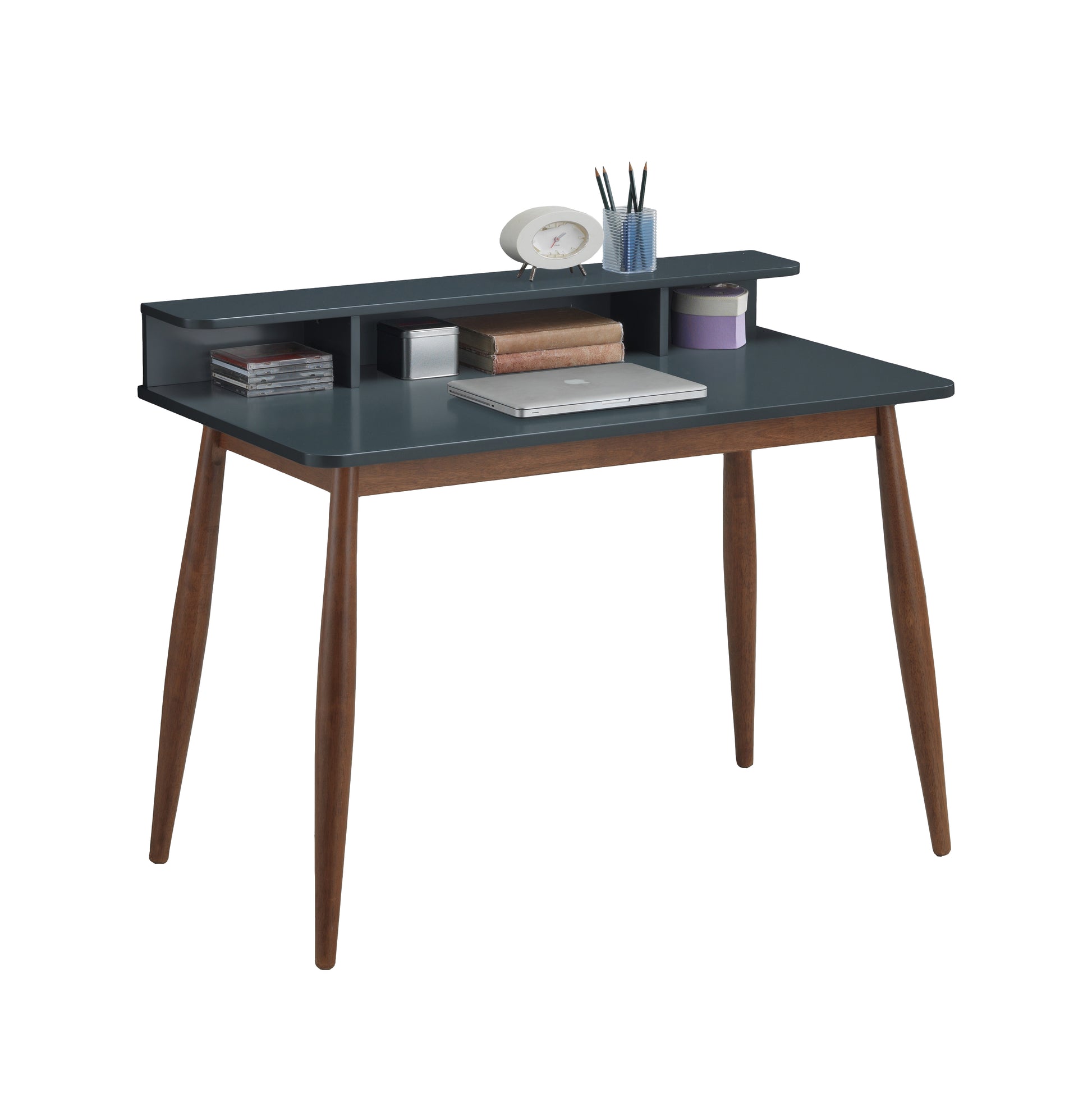 Visby grey writing desk showing the front angled view with an open hutch and tapered wood legs